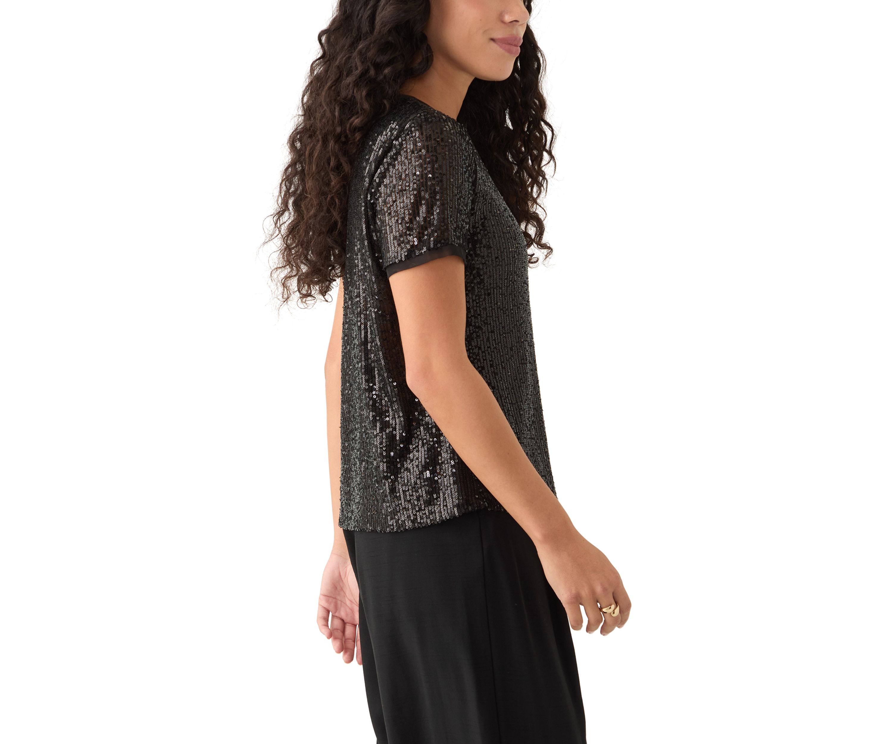Petite Banded Linear Sequin Triple Mesh T-Shirt