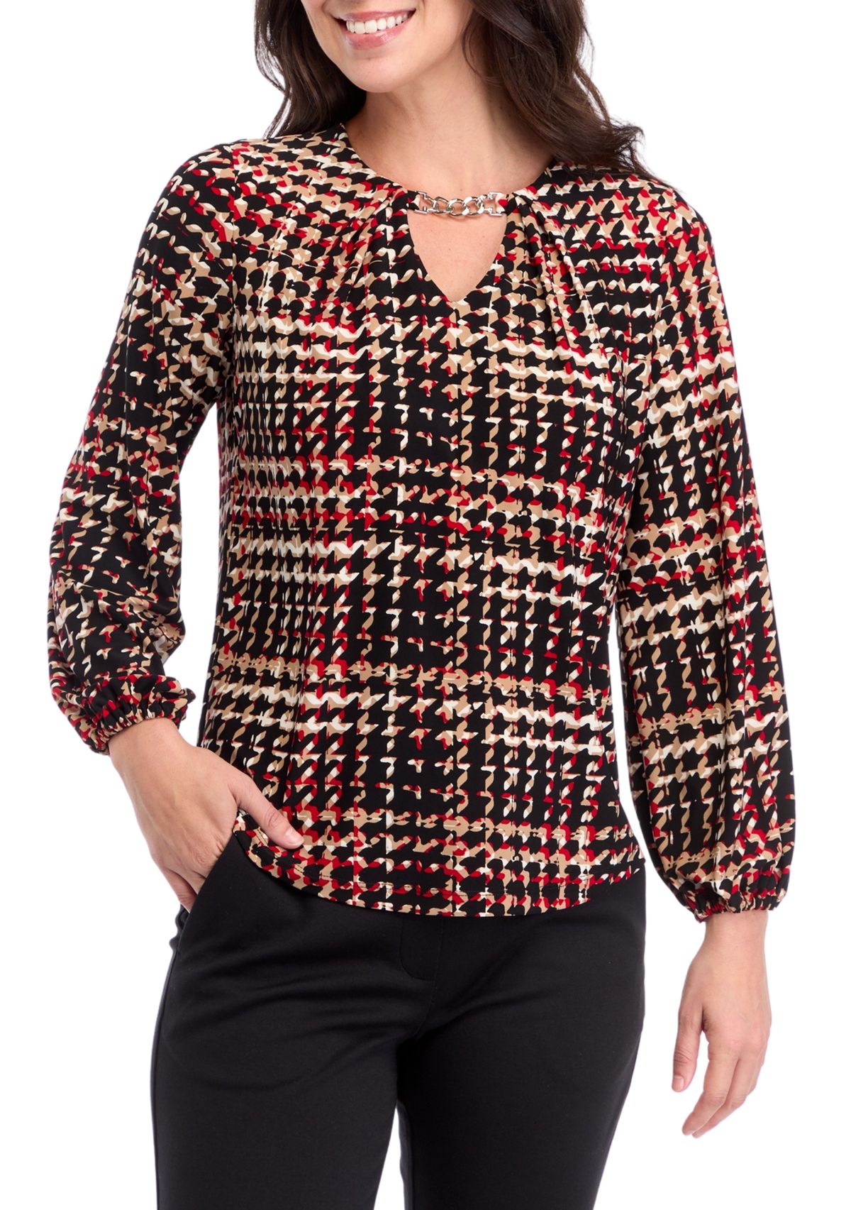Womens Printed Long Sleeve Split Neck Blouson Top