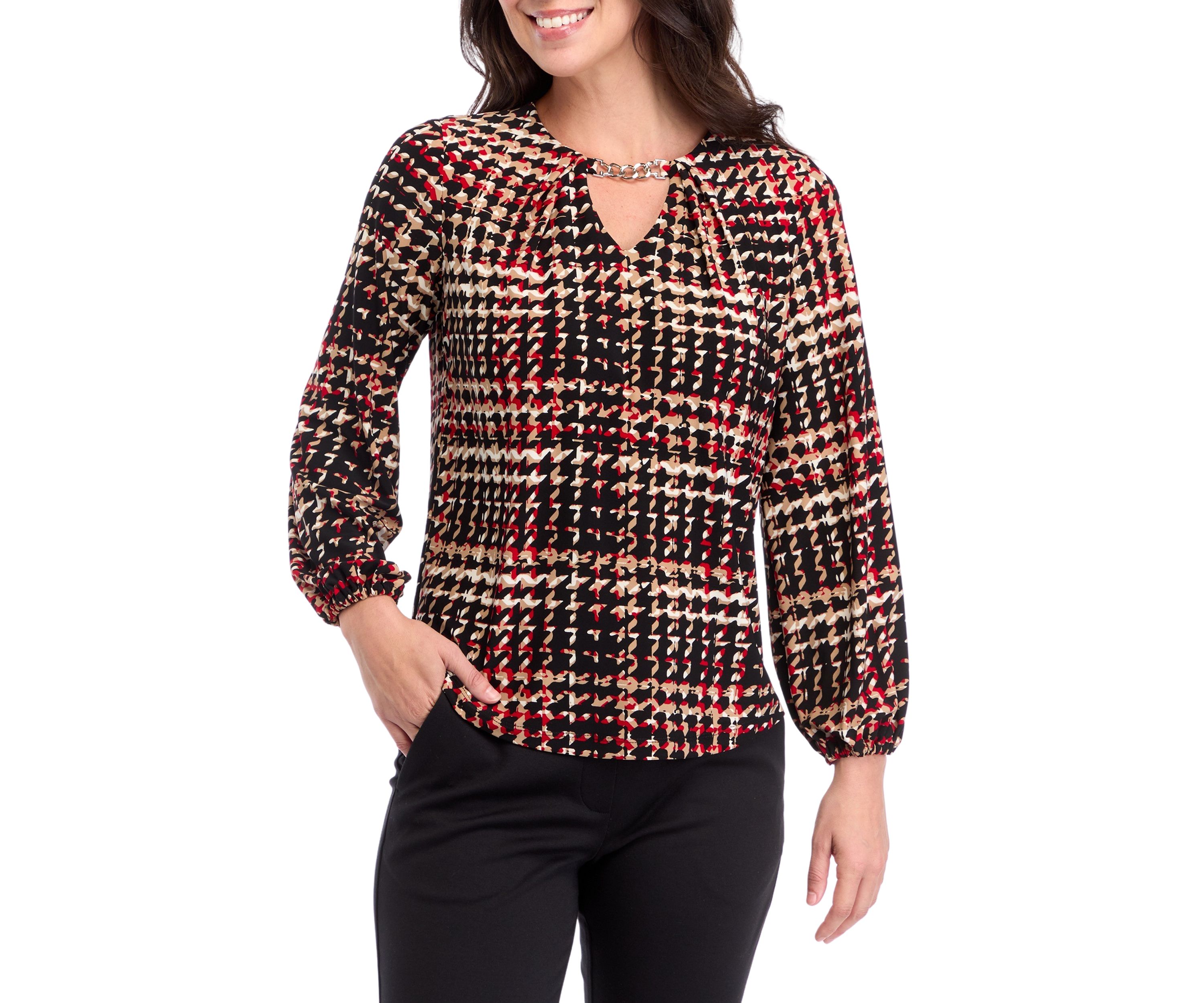 Womens Printed Long Sleeve Split Neck Blouson Top