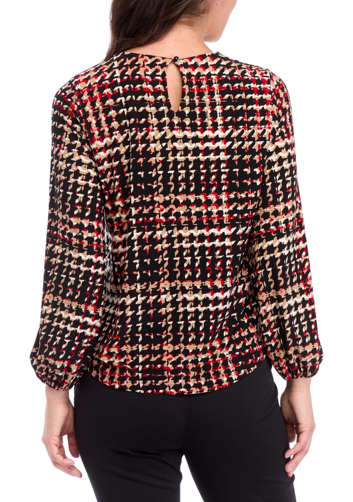 Womens Printed Long Sleeve Split Neck Blouson Top