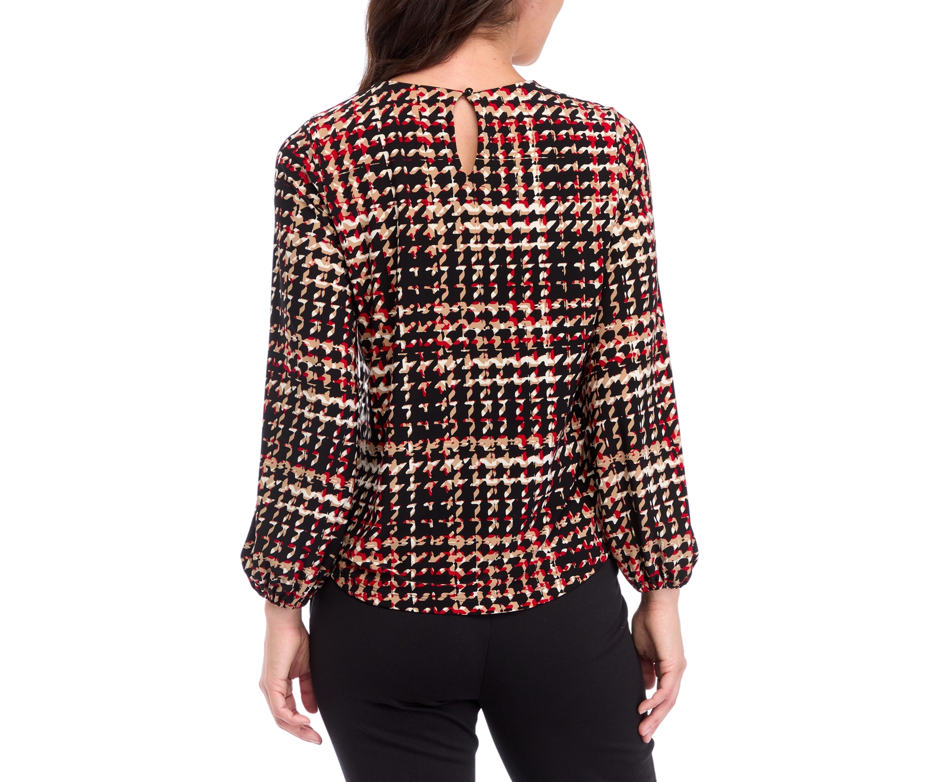 Womens Printed Long Sleeve Split Neck Blouson Top