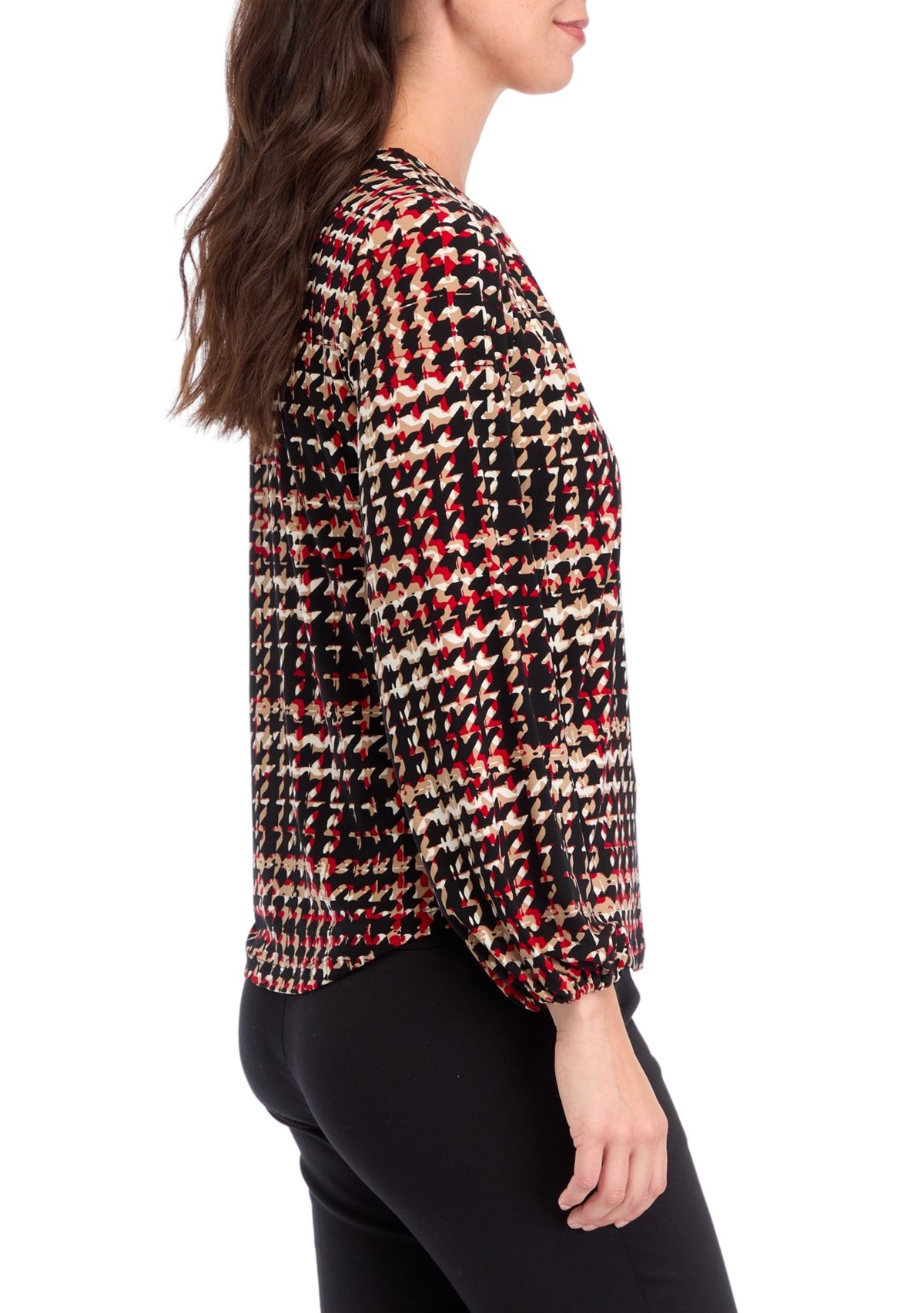 Womens Printed Long Sleeve Split Neck Blouson Top