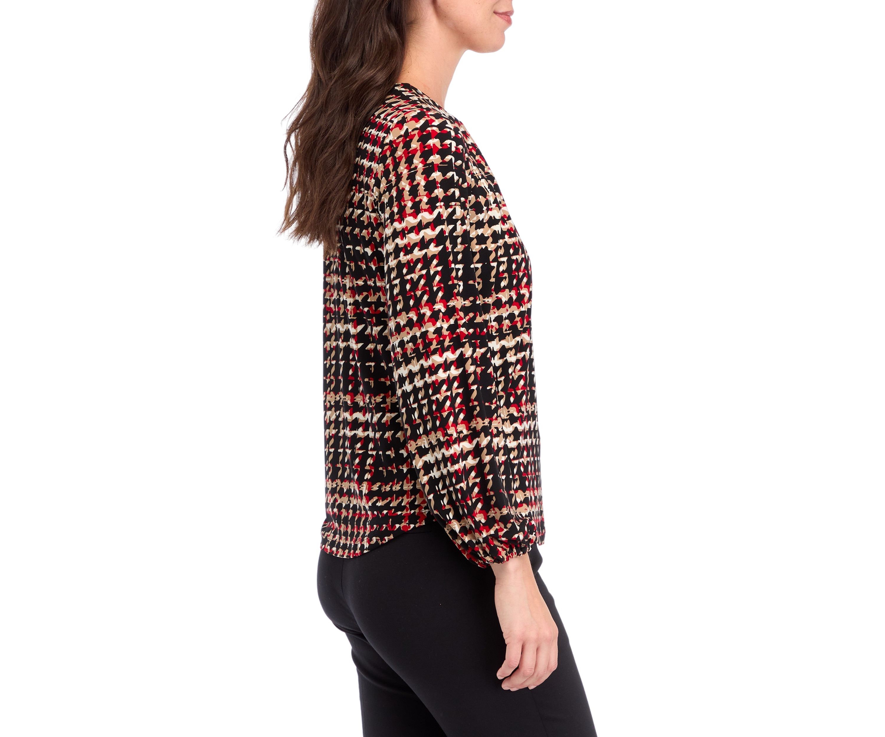 Womens Printed Long Sleeve Split Neck Blouson Top