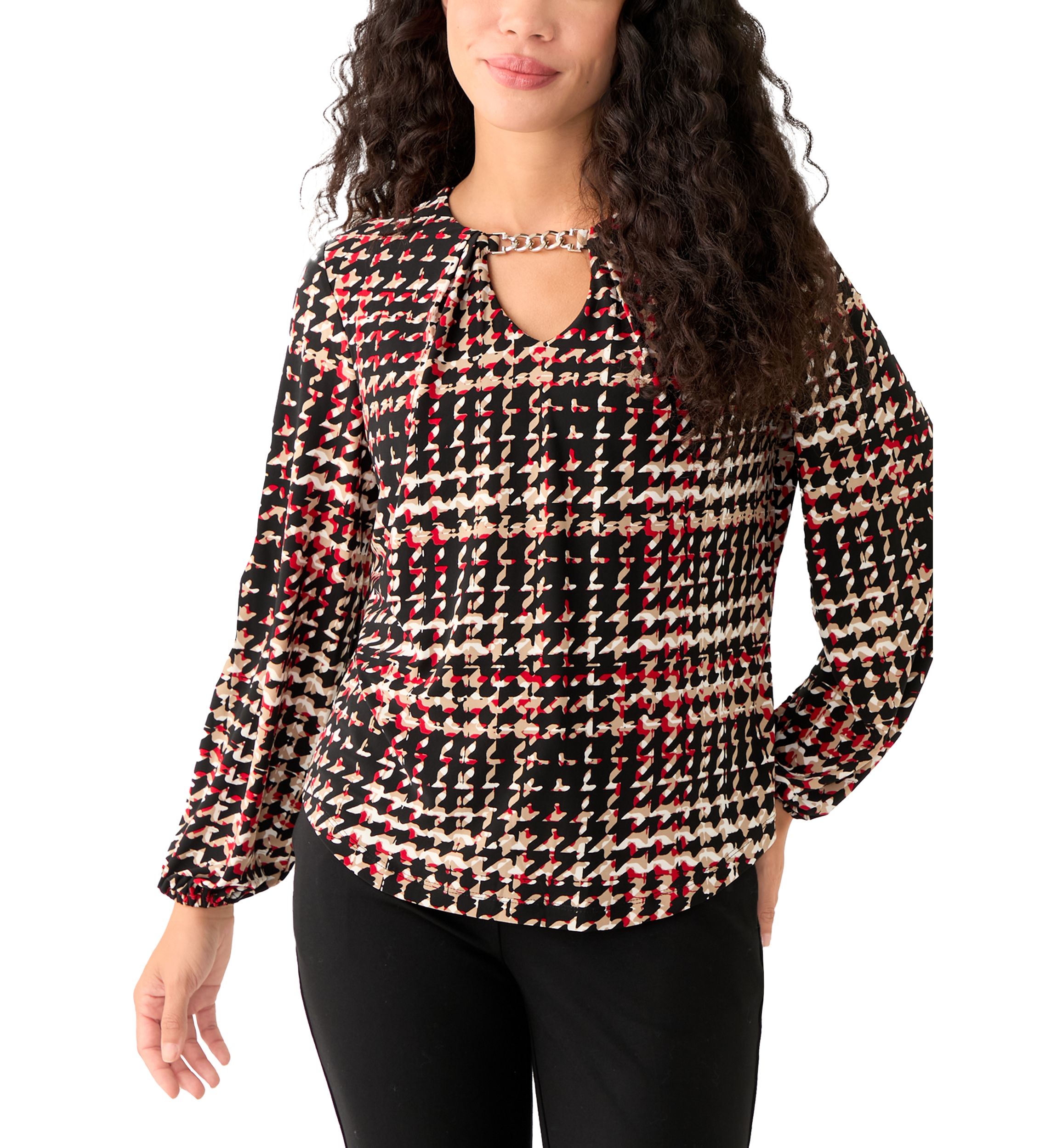Petite Printed Long Sleeve Pleat Neck Blouse