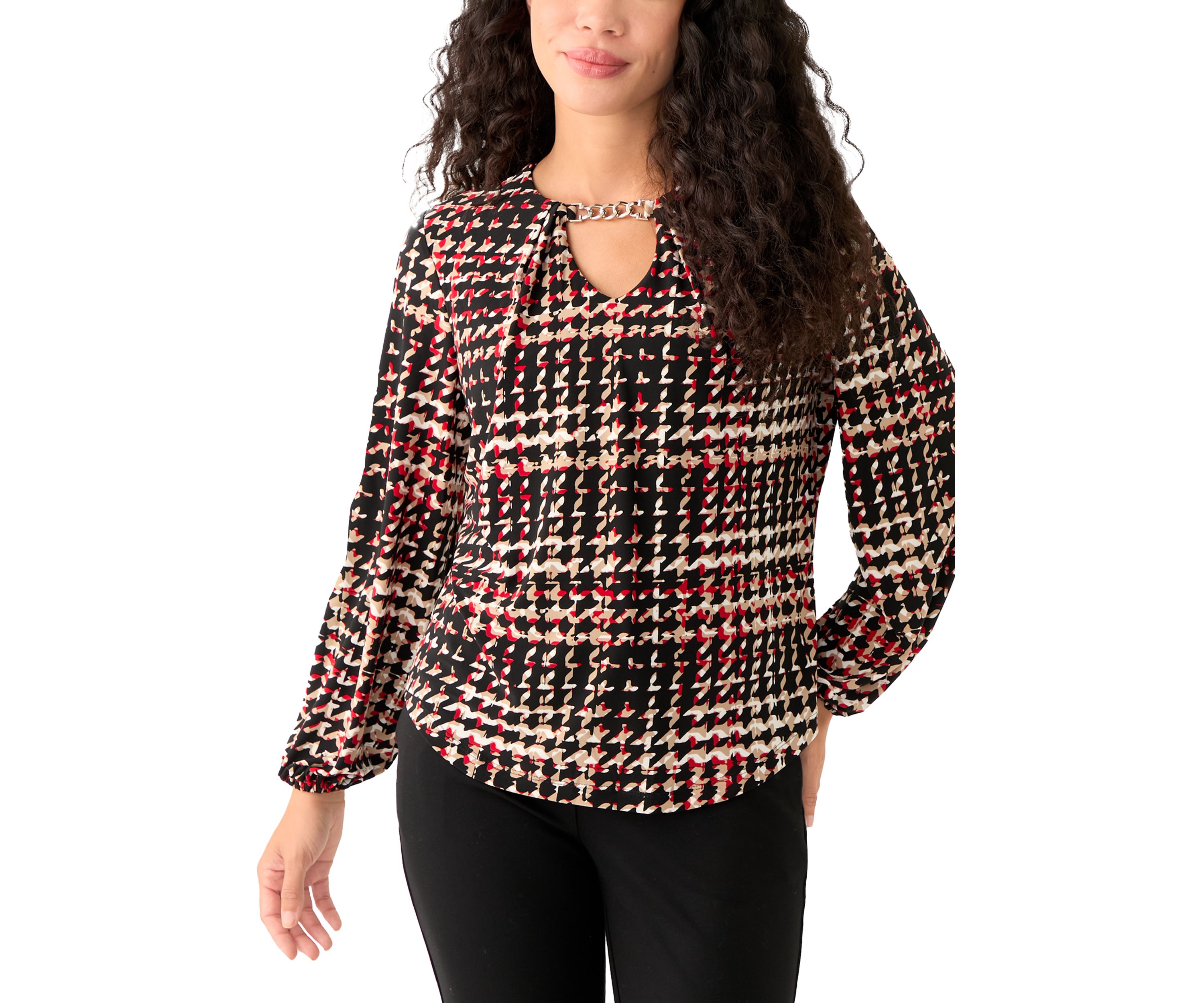 Petite Printed Long Sleeve Pleat Neck Blouse