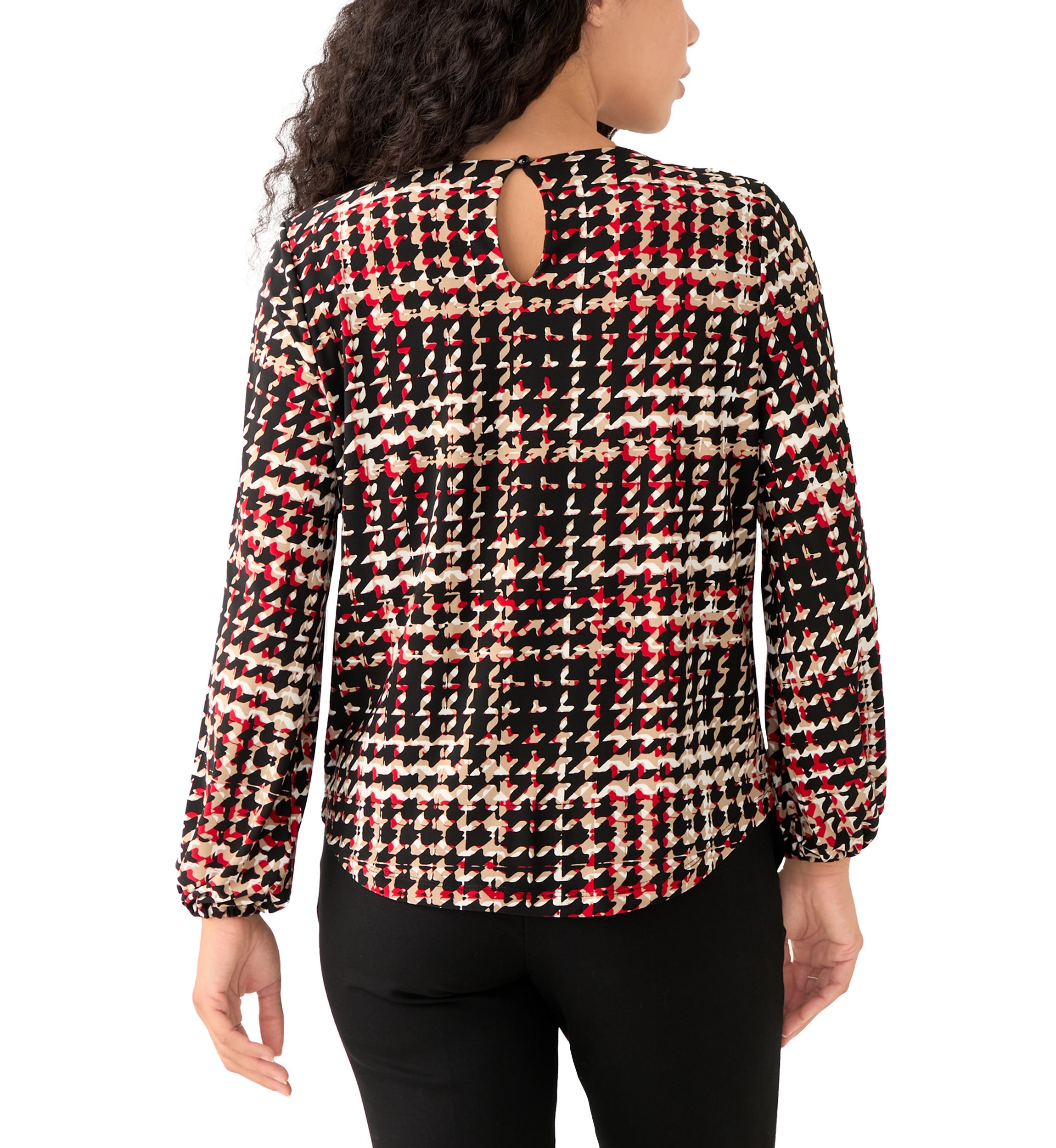 Petite Printed Long Sleeve Pleat Neck Blouse