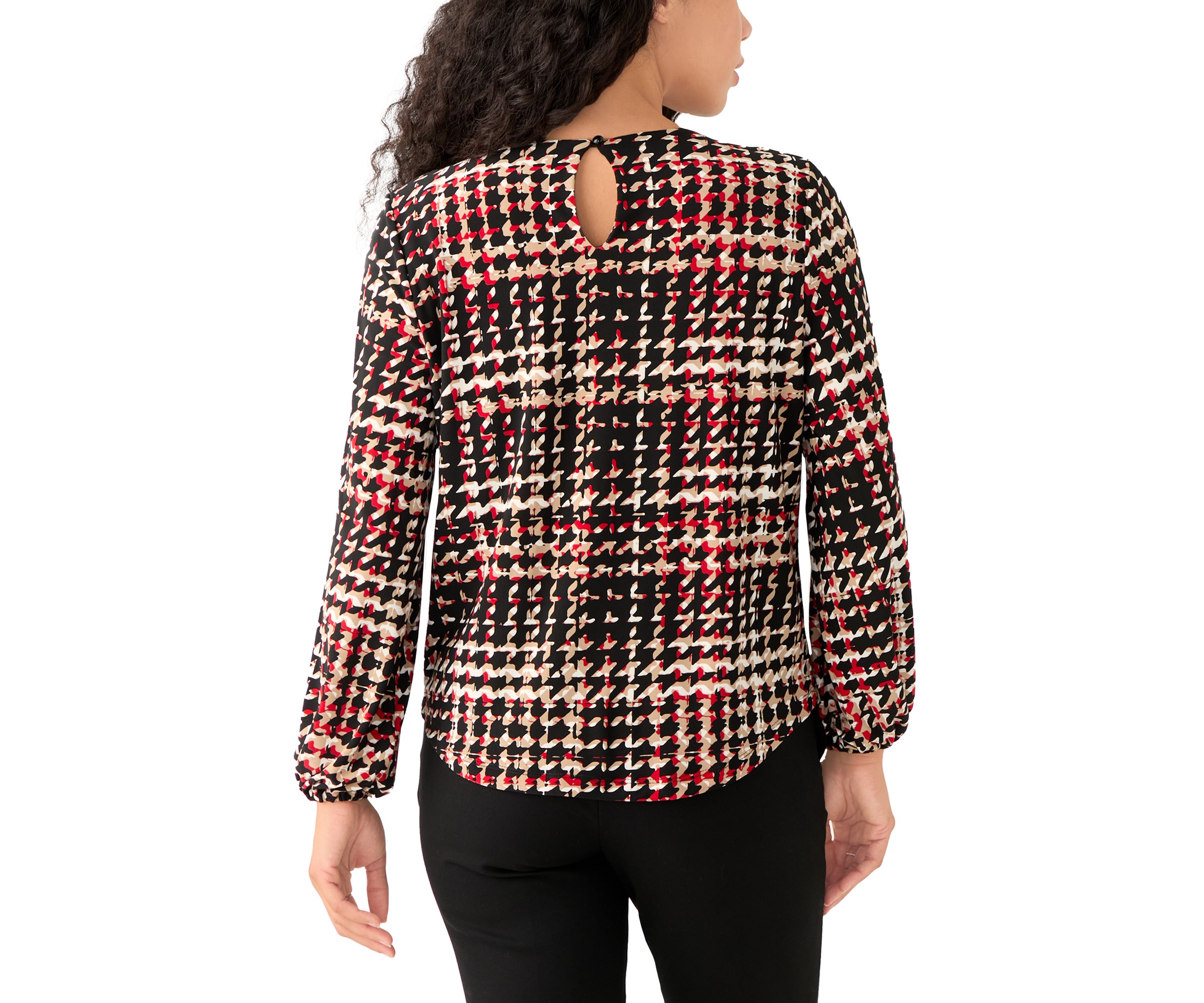 Petite Printed Long Sleeve Pleat Neck Blouse