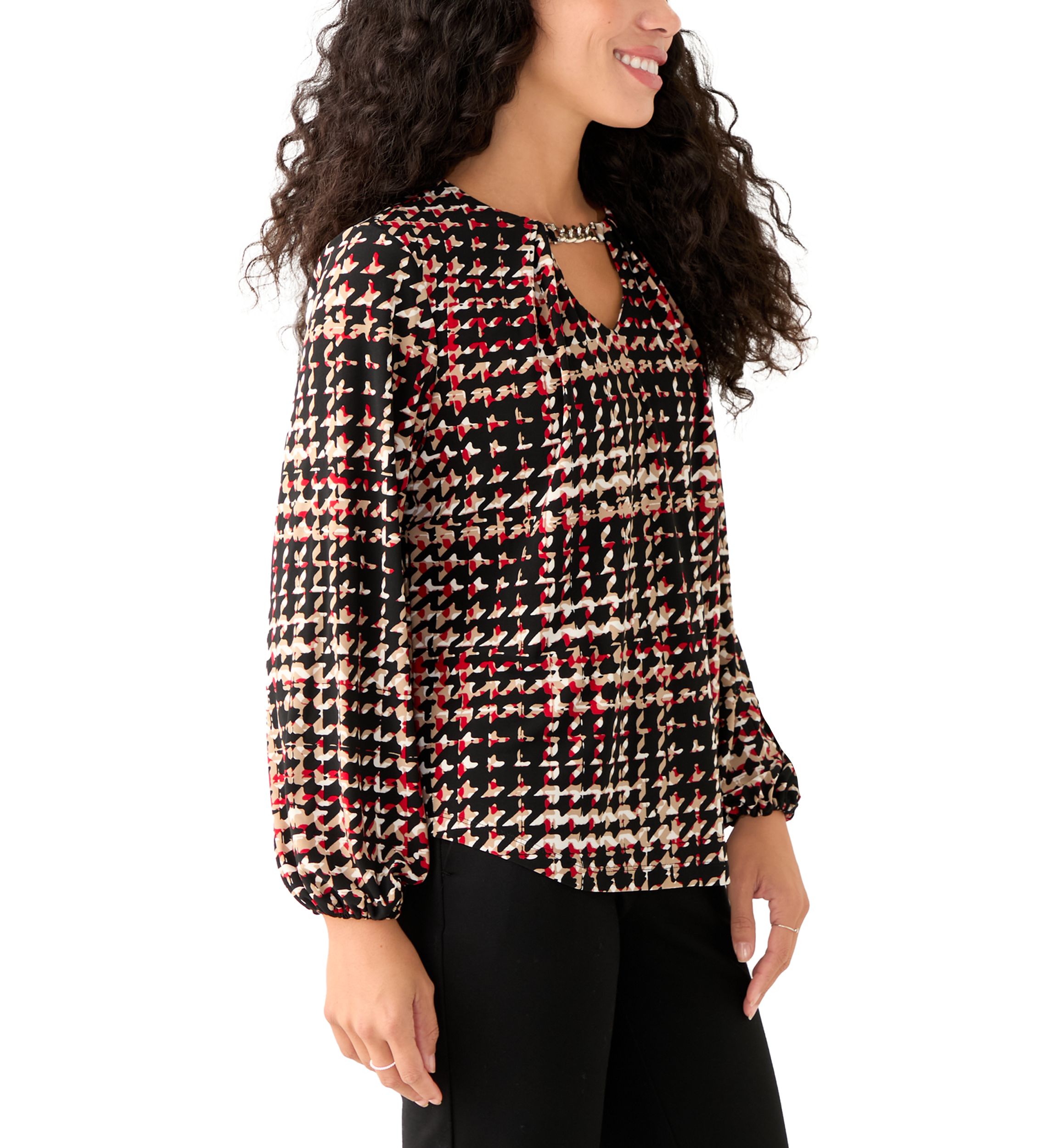 Petite Printed Long Sleeve Pleat Neck Blouse