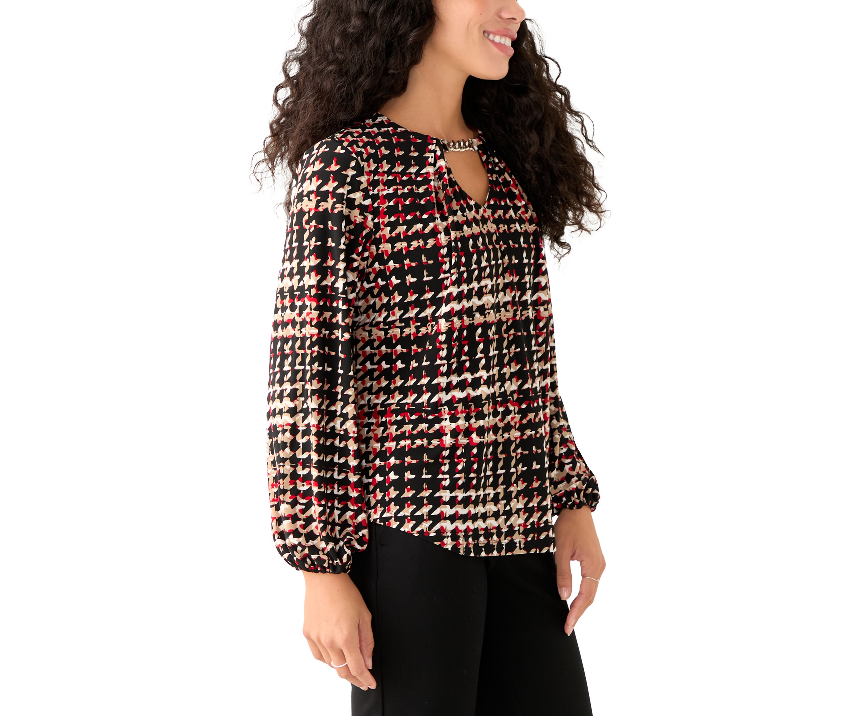 Petite Printed Long Sleeve Pleat Neck Blouse