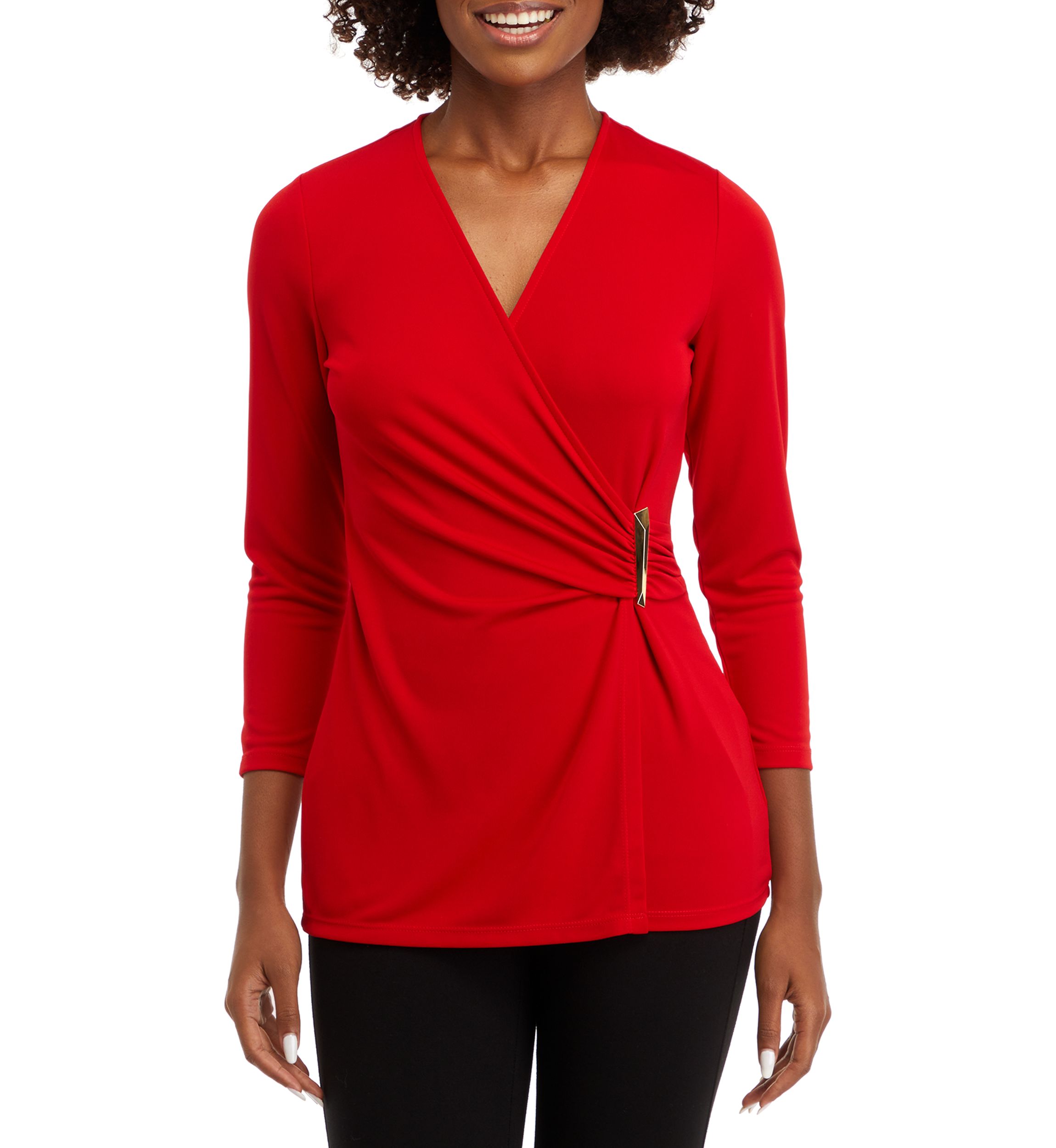Womens Matte Jersey 3/4 Sleeve Wrap Top with Asymmetric Trim