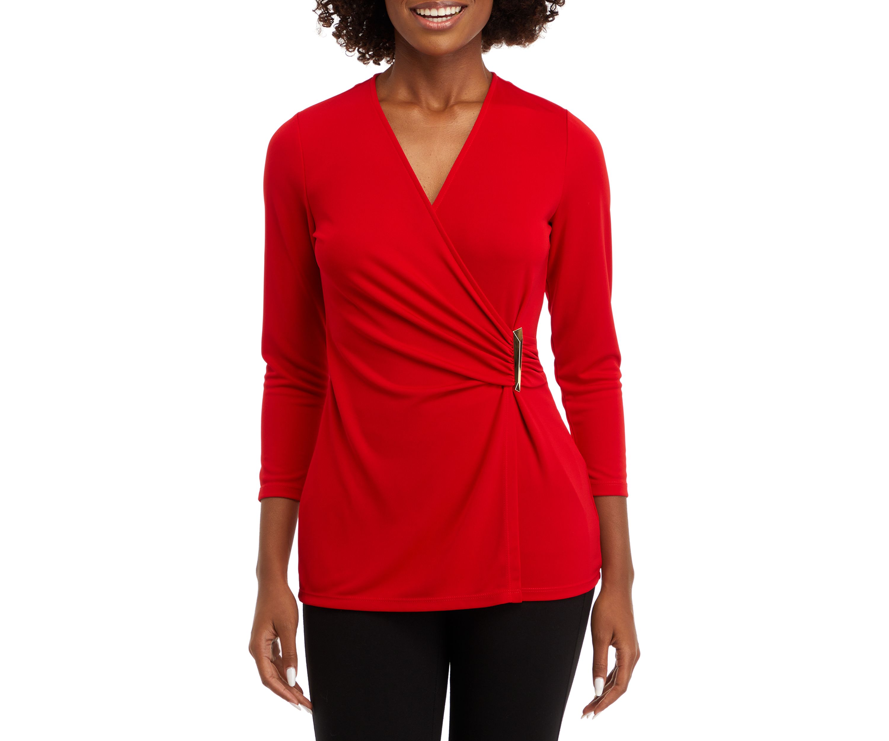 Womens Matte Jersey 3/4 Sleeve Wrap Top with Asymmetric Trim