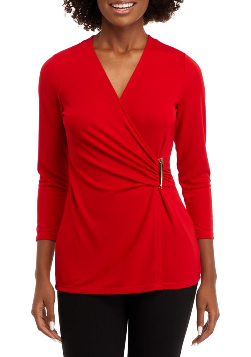 Womens Matte Jersey 3/4 Sleeve Wrap Top with Asymmetric Trim