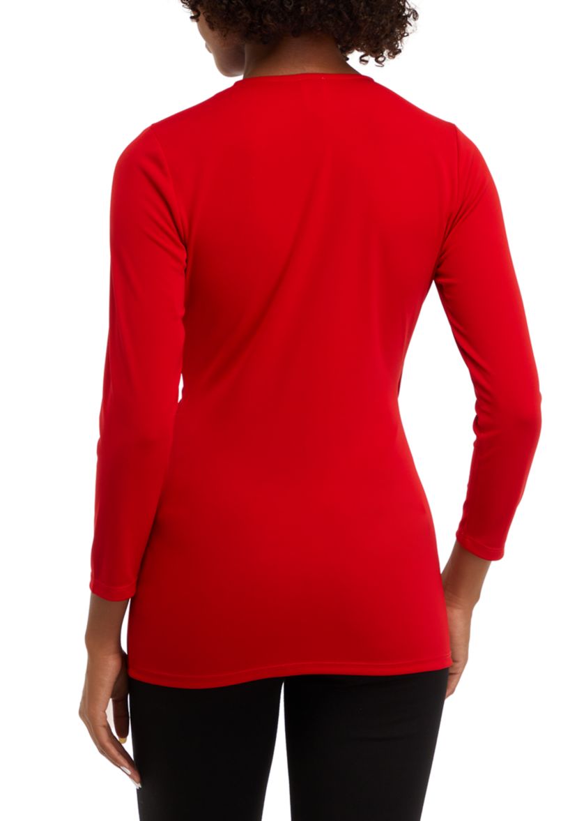 Womens Matte Jersey 3/4 Sleeve Wrap Top with Asymmetric Trim