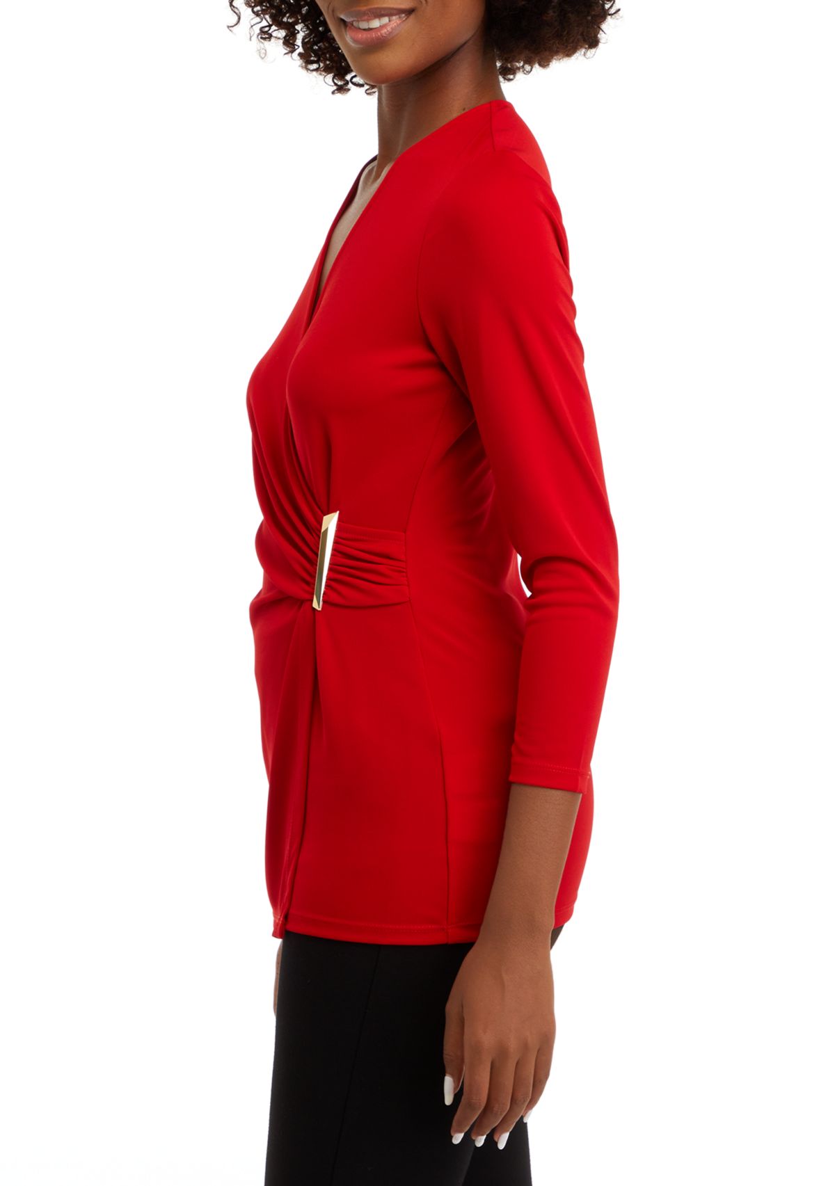 Womens Matte Jersey 3/4 Sleeve Wrap Top with Asymmetric Trim