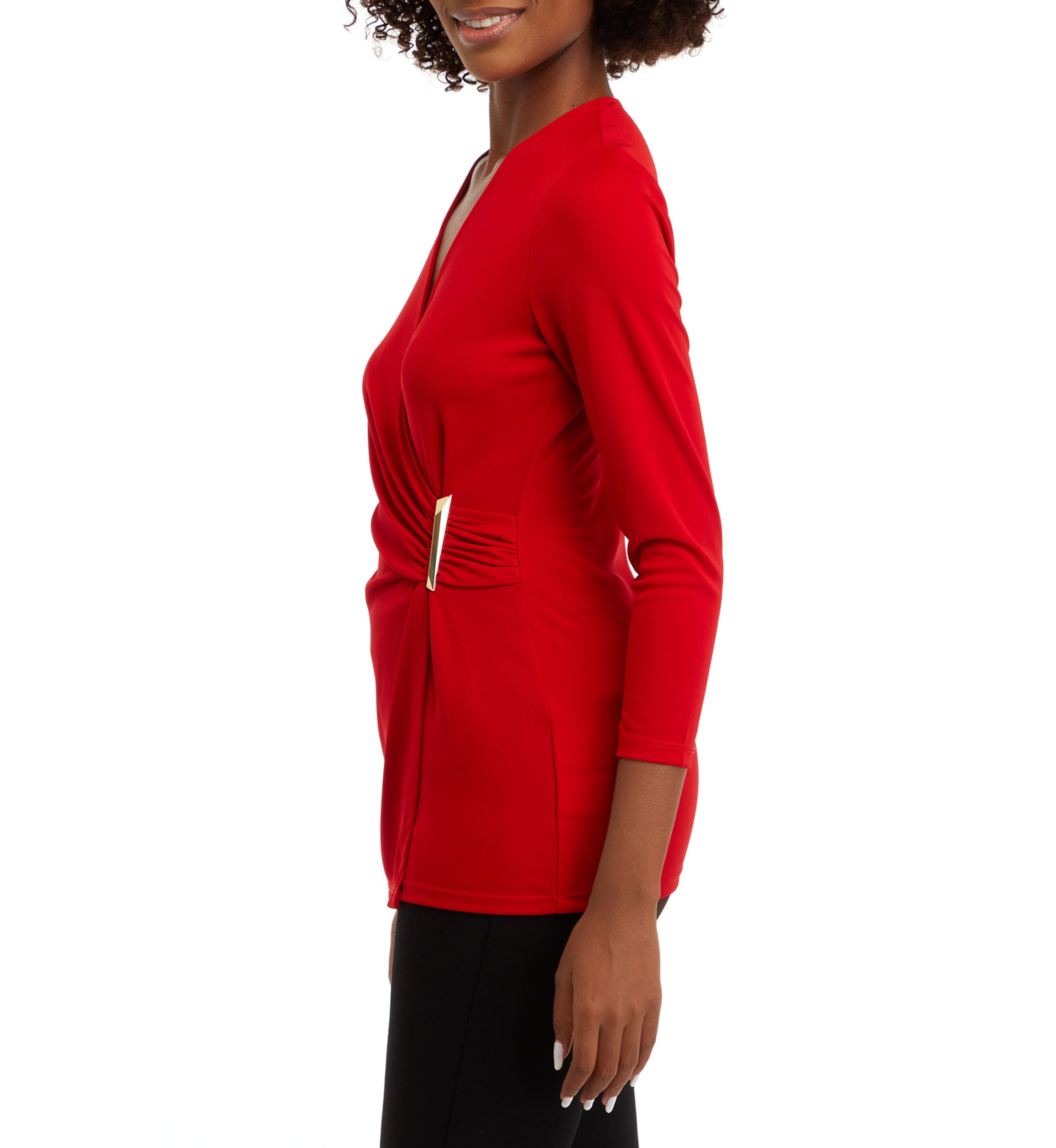 Womens Matte Jersey 3/4 Sleeve Wrap Top with Asymmetric Trim