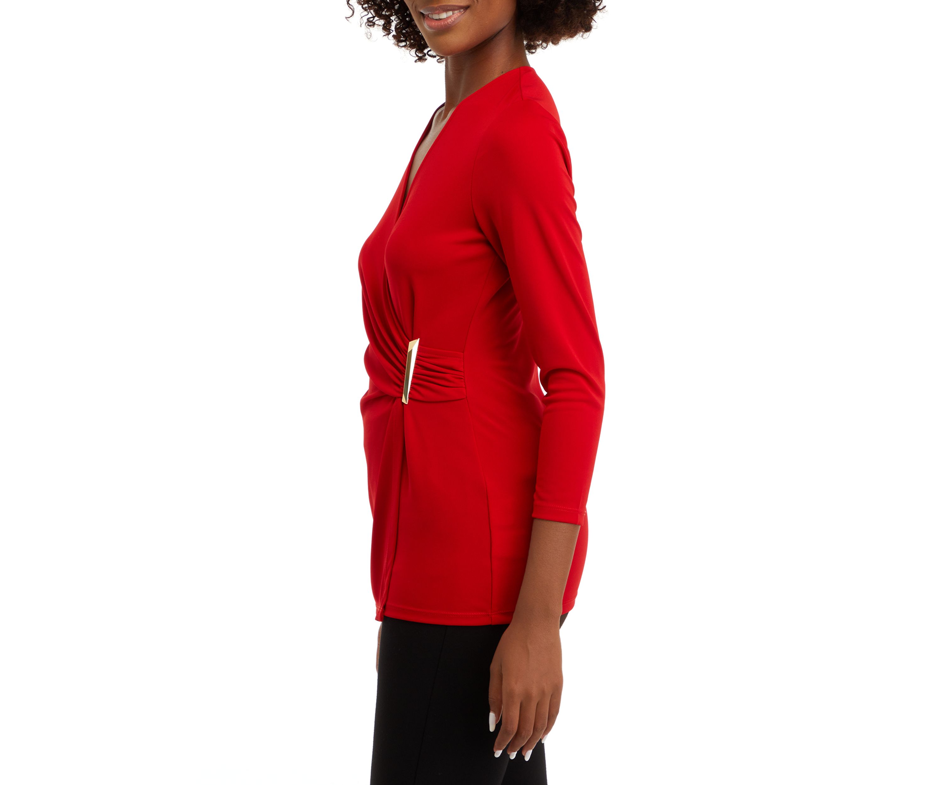 Womens Matte Jersey 3/4 Sleeve Wrap Top with Asymmetric Trim