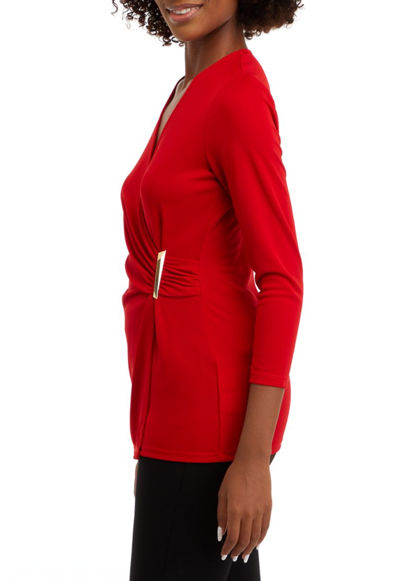 Womens Matte Jersey 3/4 Sleeve Wrap Top with Asymmetric Trim
