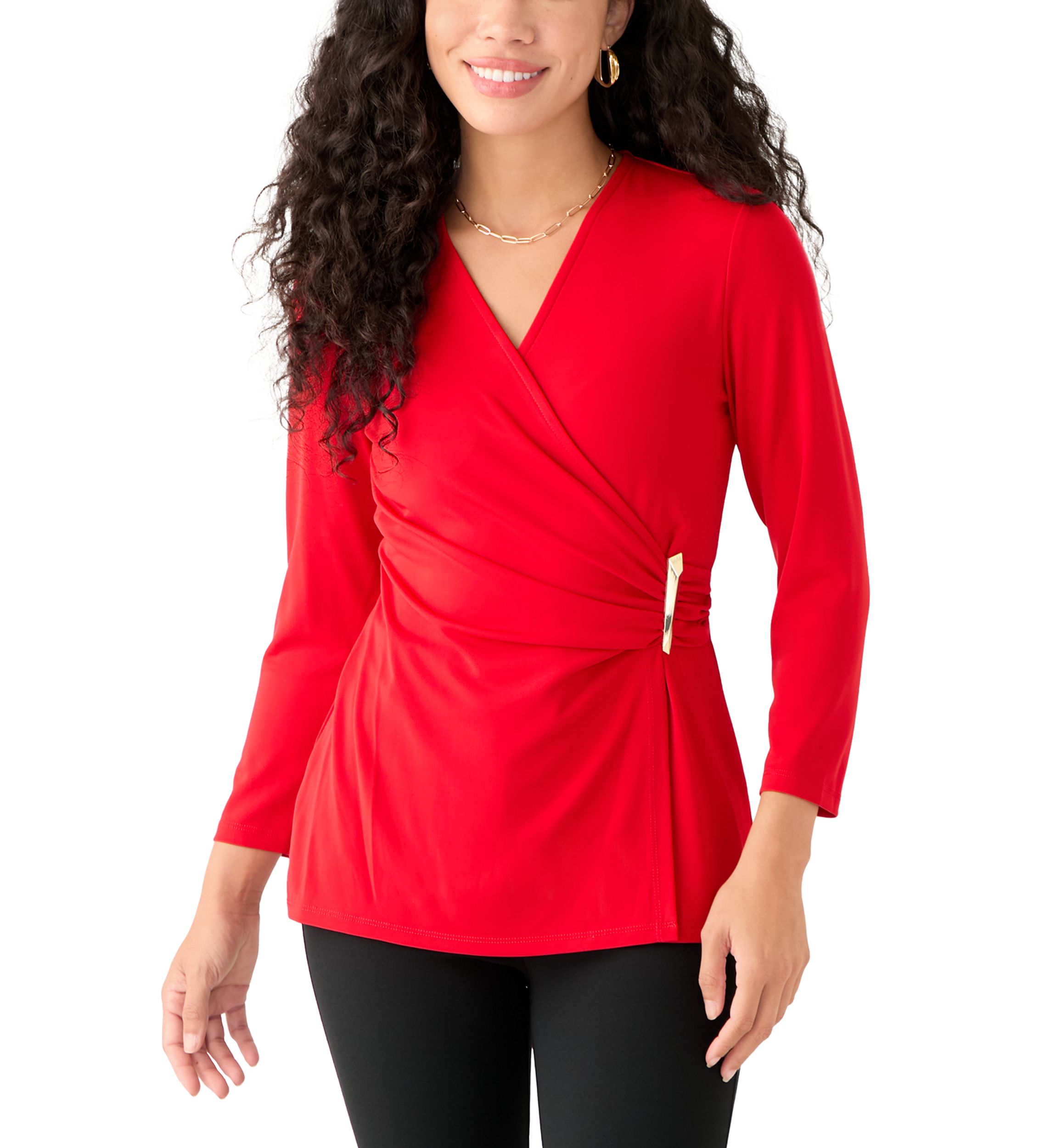 Petite Matte Jersey 3/4 Sleeve Wrap Top with Asymmetric Trim