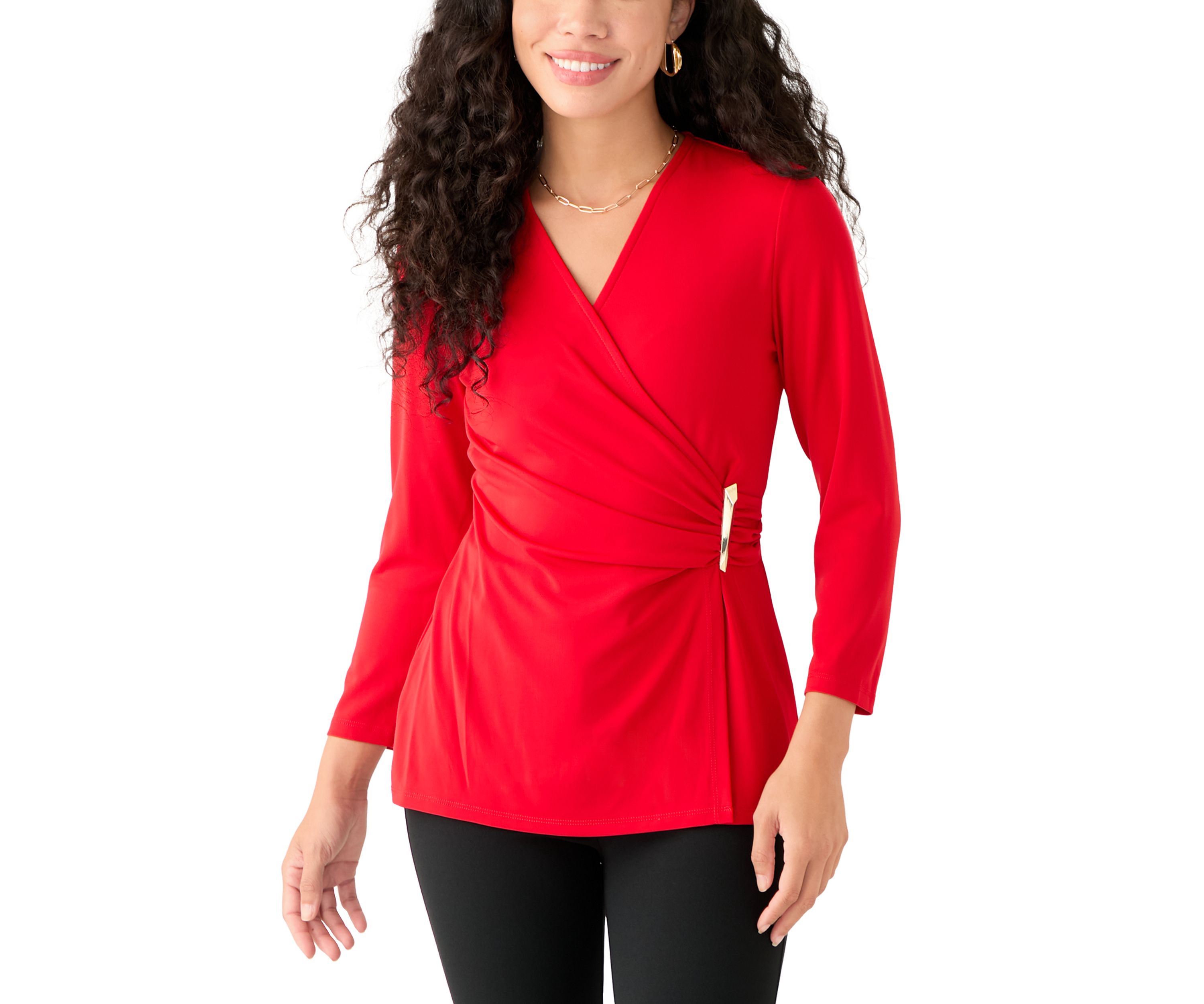 Petite Matte Jersey 3/4 Sleeve Wrap Top with Asymmetric Trim