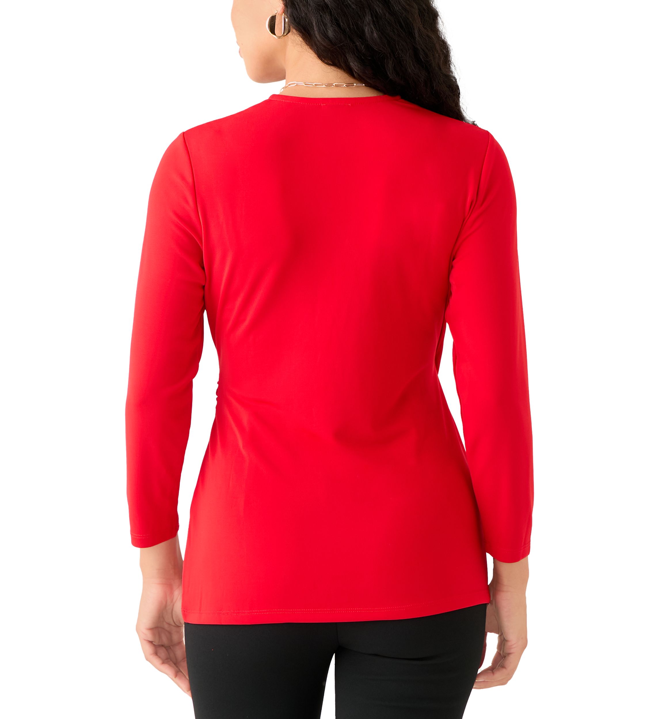 Petite Matte Jersey 3/4 Sleeve Wrap Top with Asymmetric Trim