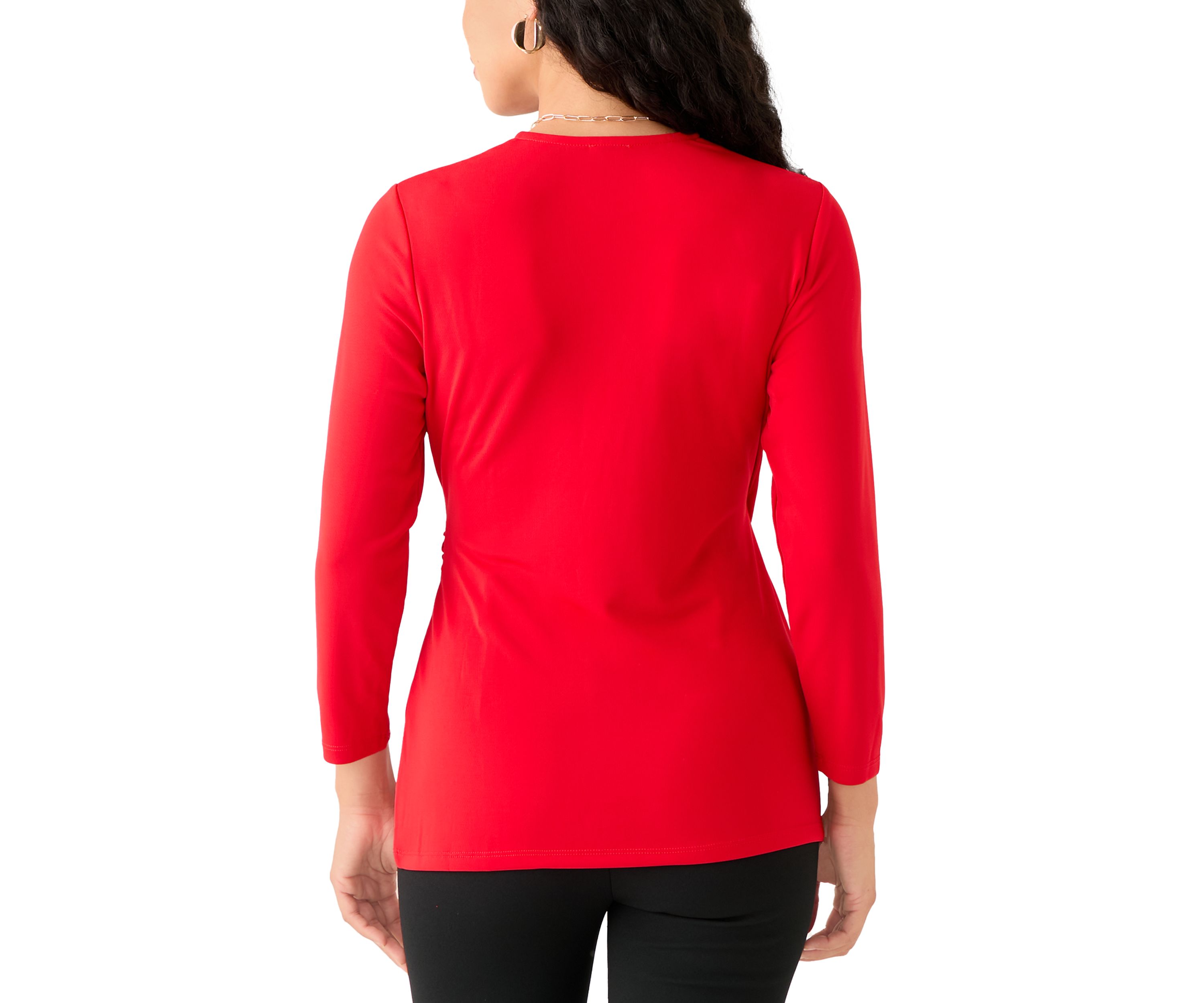 Petite Matte Jersey 3/4 Sleeve Wrap Top with Asymmetric Trim