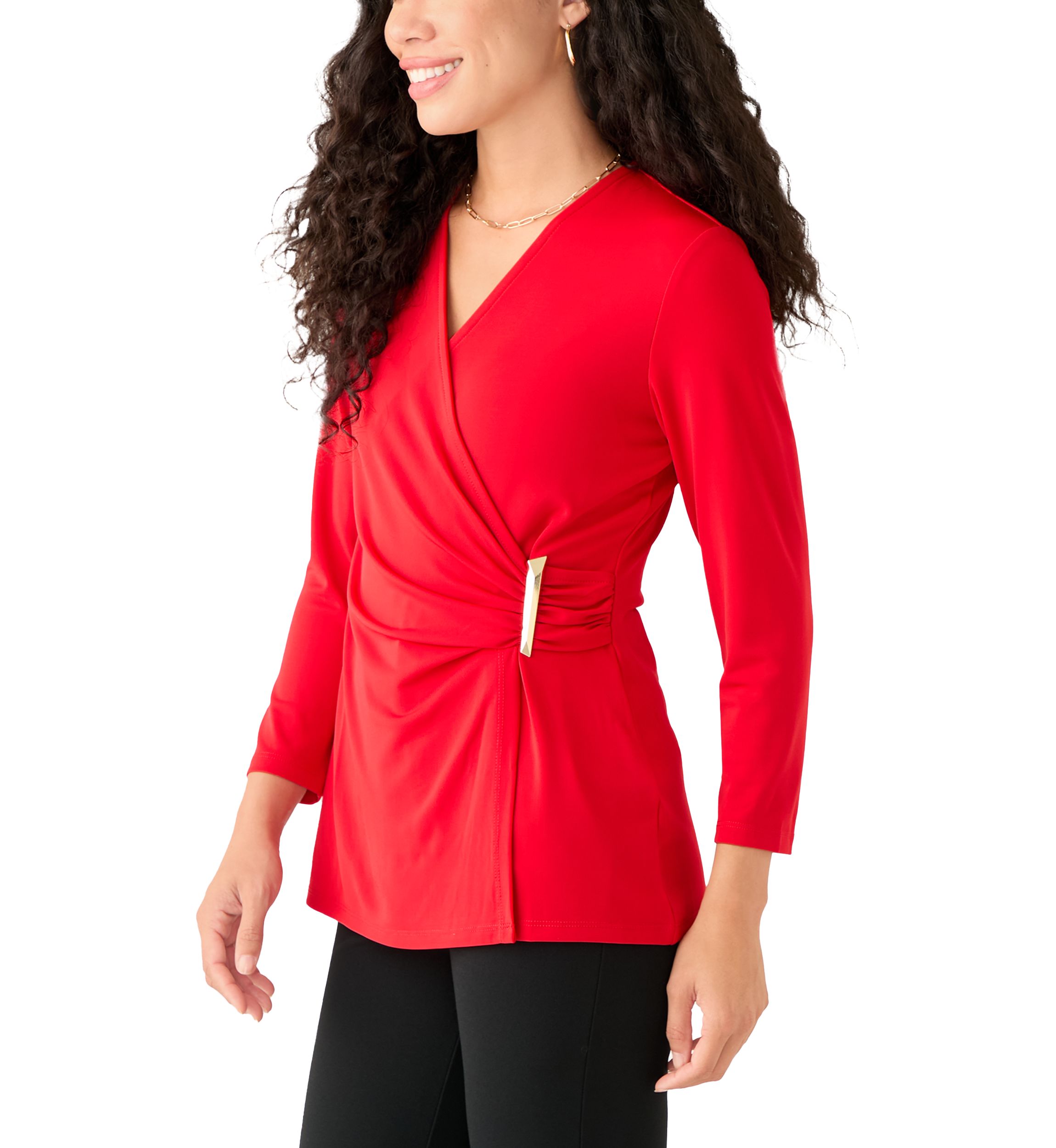 Petite Matte Jersey 3/4 Sleeve Wrap Top with Asymmetric Trim