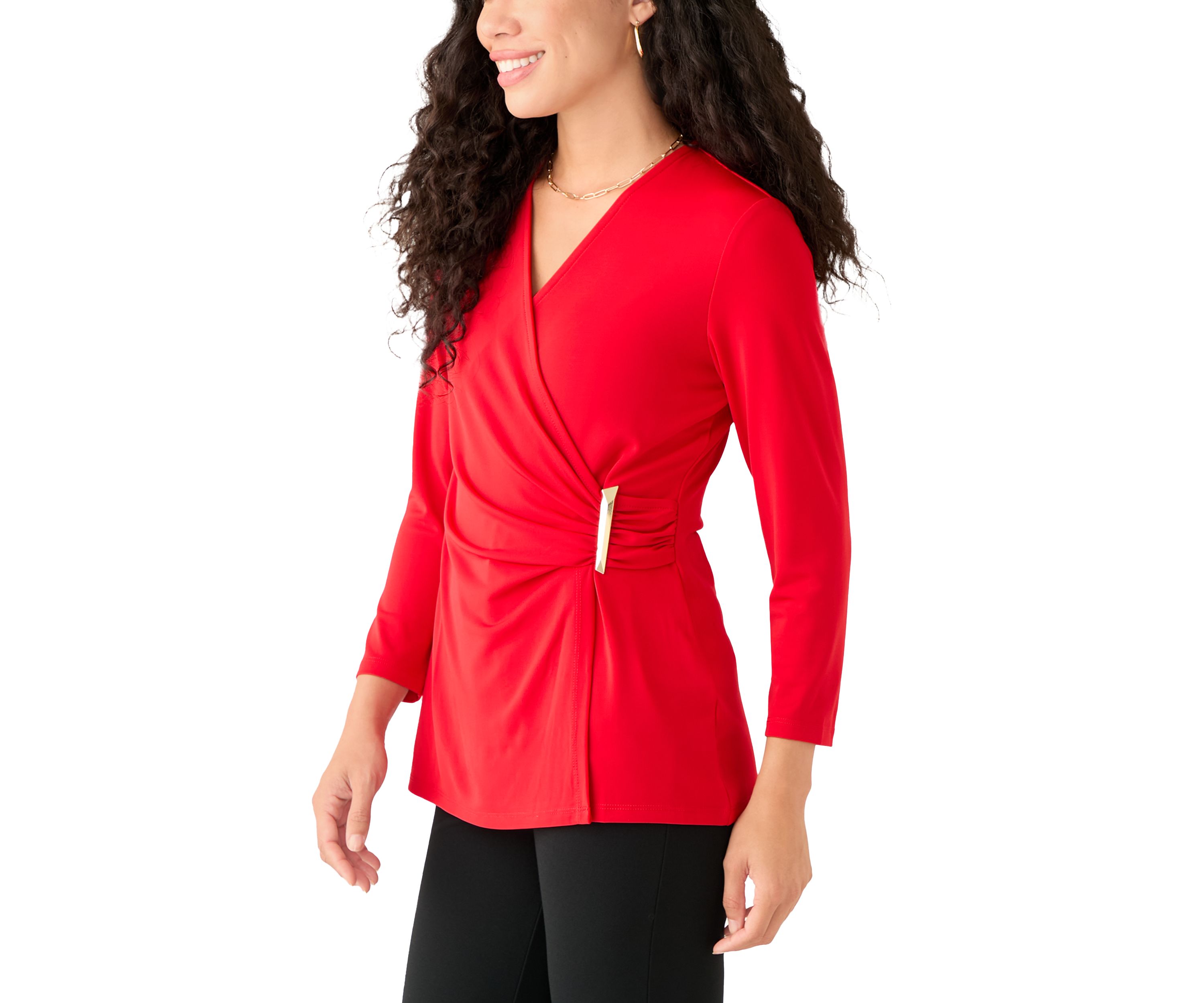 Petite Matte Jersey 3/4 Sleeve Wrap Top with Asymmetric Trim