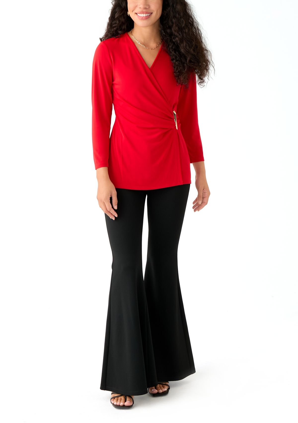Petite Matte Jersey 3/4 Sleeve Wrap Top with Asymmetric Trim
