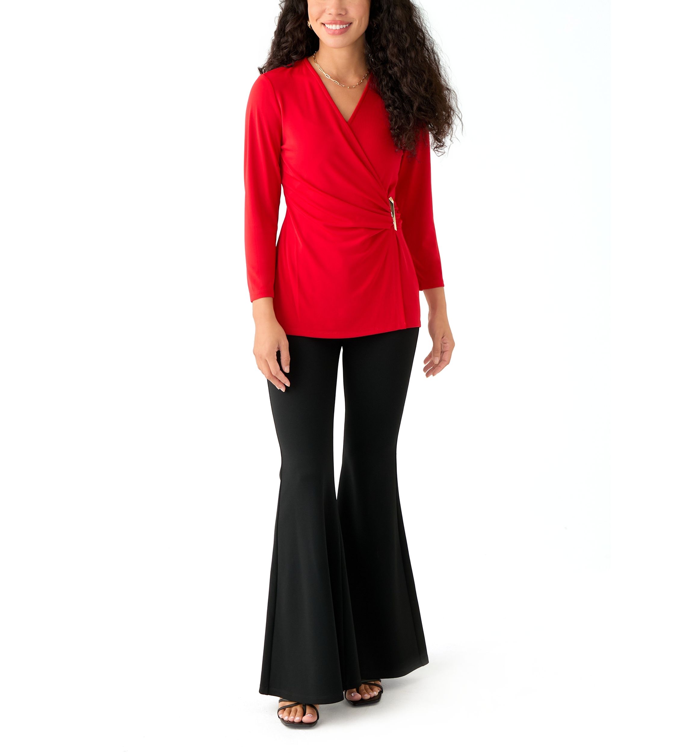 Petite Matte Jersey 3/4 Sleeve Wrap Top with Asymmetric Trim