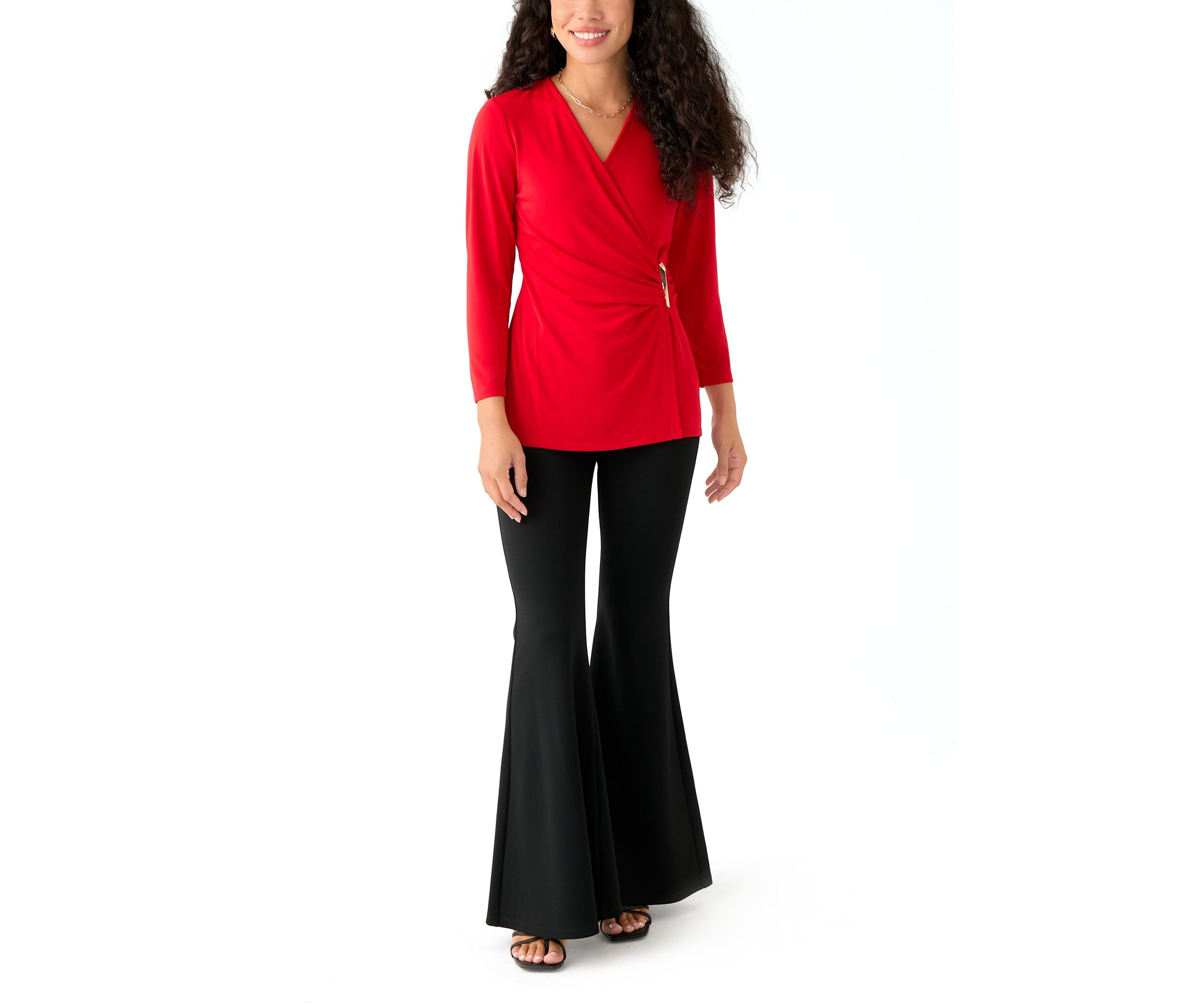 Petite Matte Jersey 3/4 Sleeve Wrap Top with Asymmetric Trim