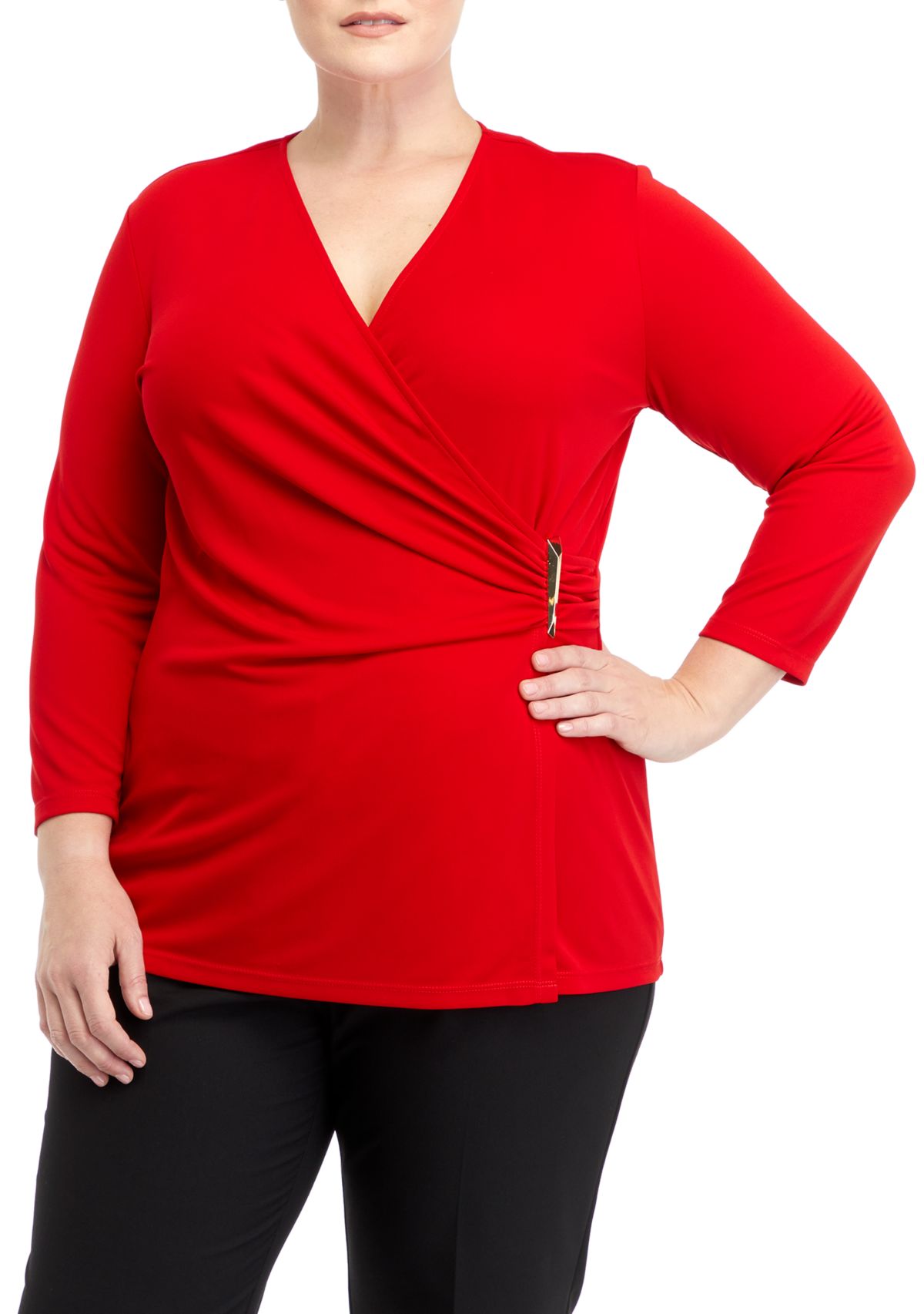 Plus Size Matte Jersey 3/4 Sleeve Wrap Top with Asymmetric Trim