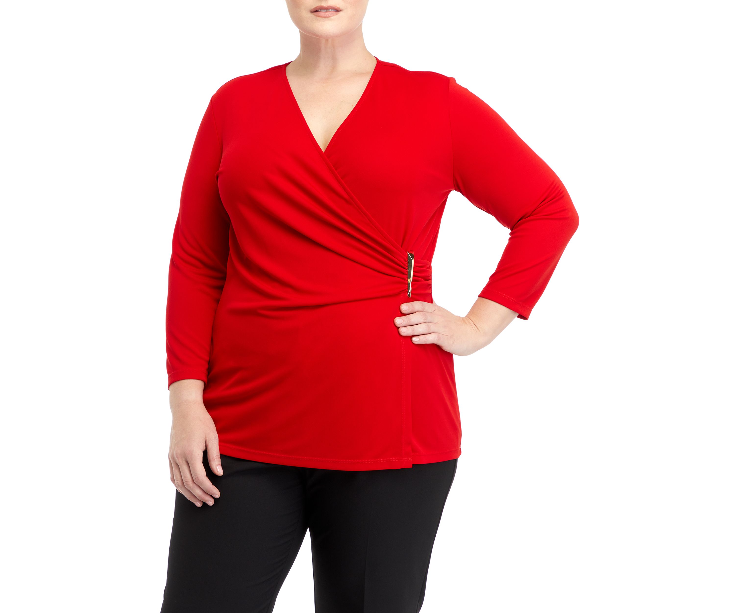 Plus Size Matte Jersey 3/4 Sleeve Wrap Top with Asymmetric Trim