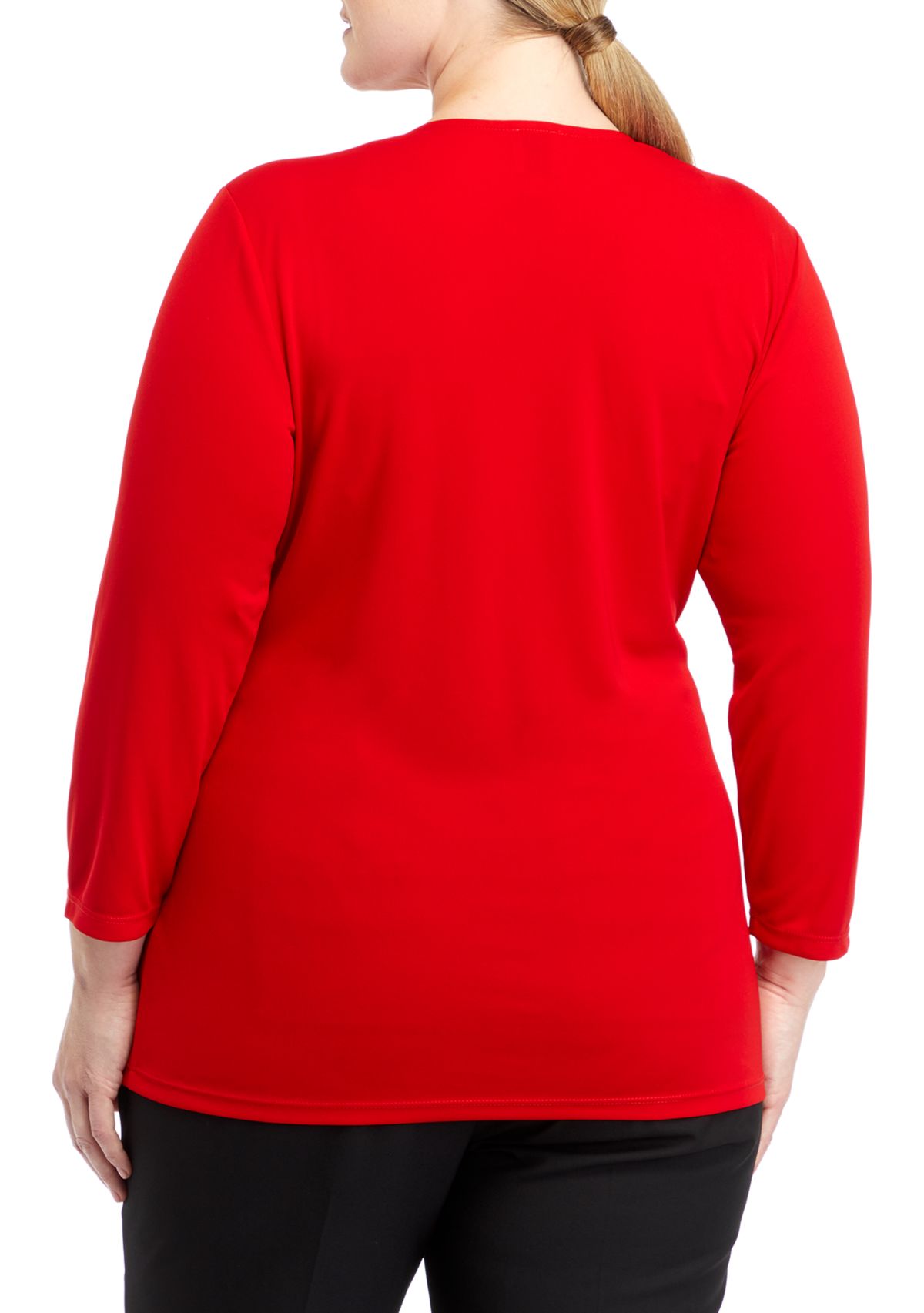 Plus Size Matte Jersey 3/4 Sleeve Wrap Top with Asymmetric Trim