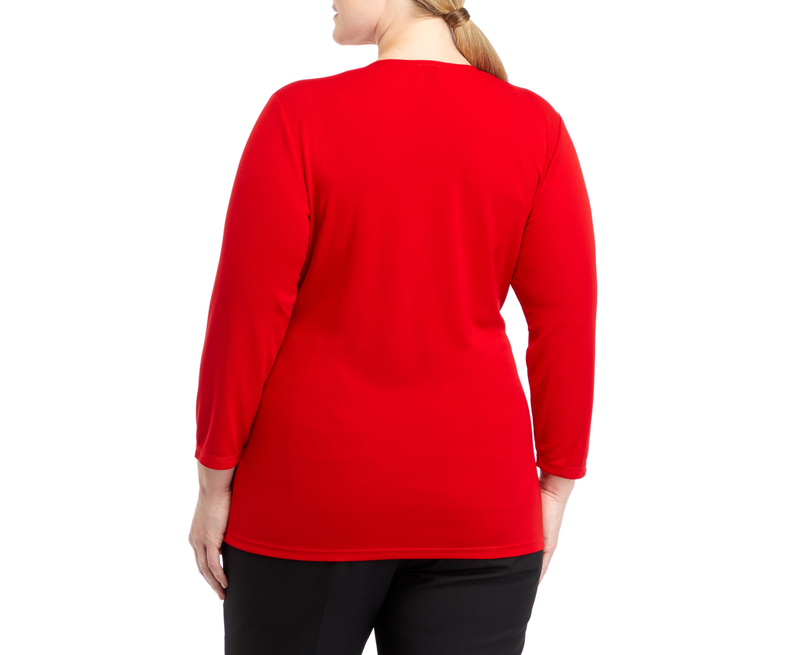 Plus Size Matte Jersey 3/4 Sleeve Wrap Top with Asymmetric Trim
