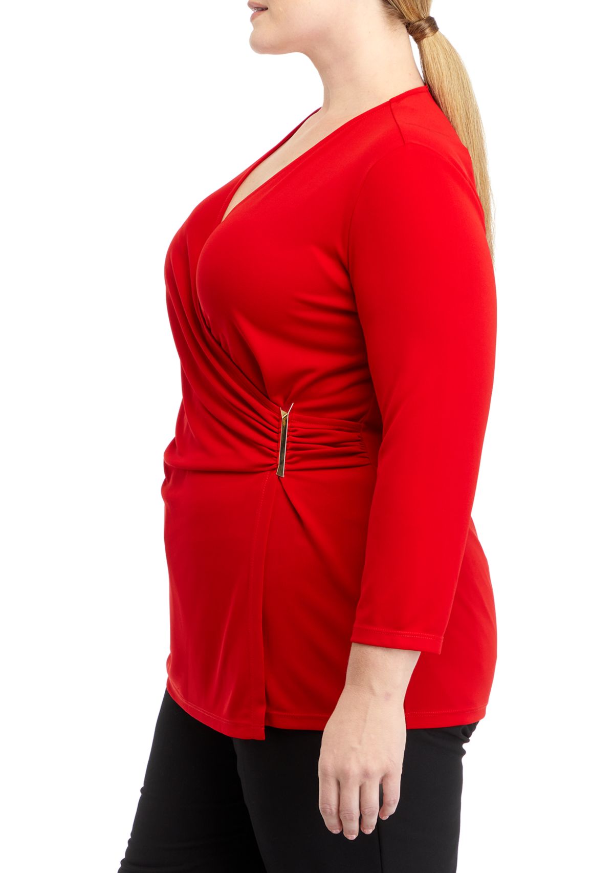 Plus Size Matte Jersey 3/4 Sleeve Wrap Top with Asymmetric Trim