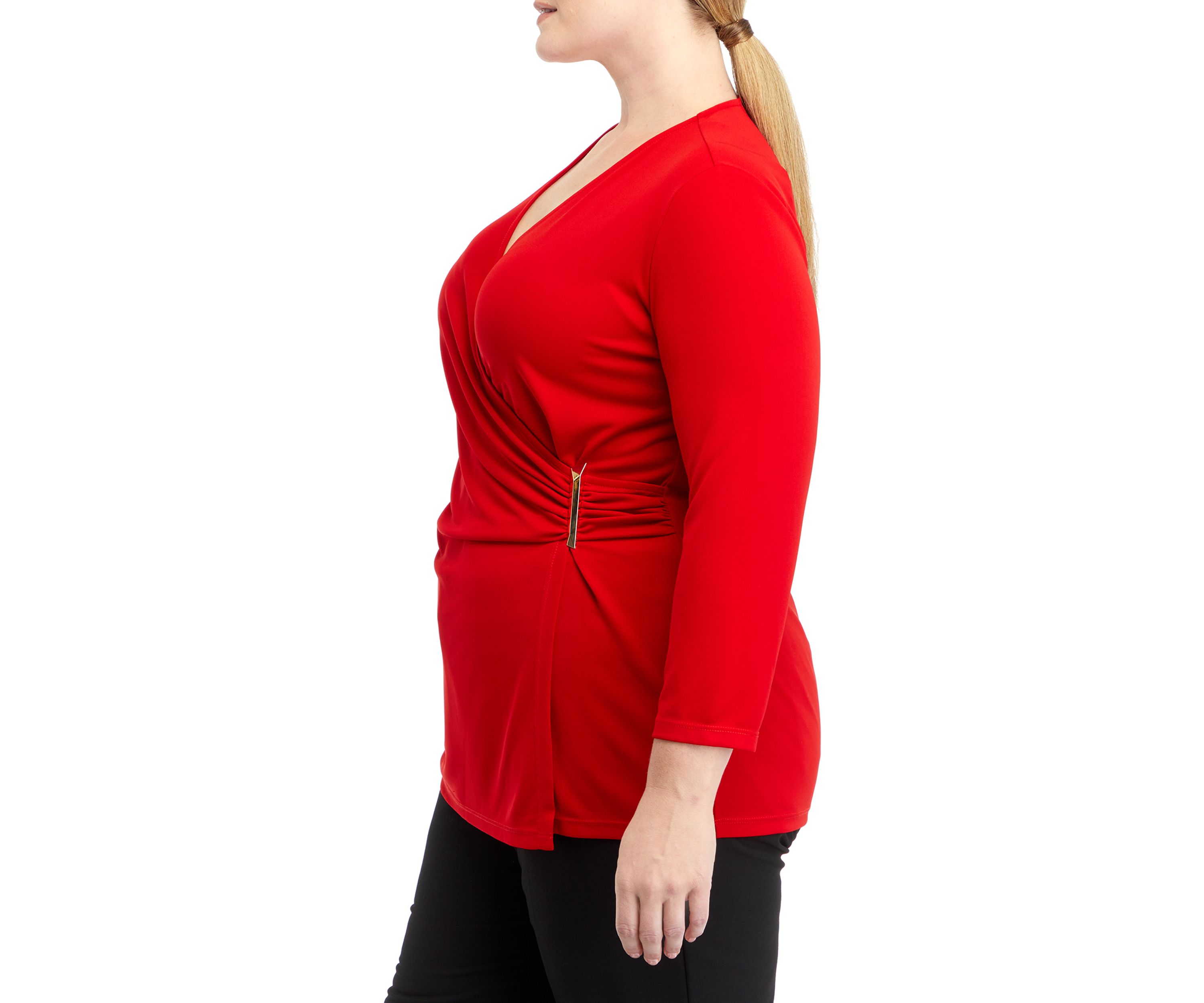 Plus Size Matte Jersey 3/4 Sleeve Wrap Top with Asymmetric Trim