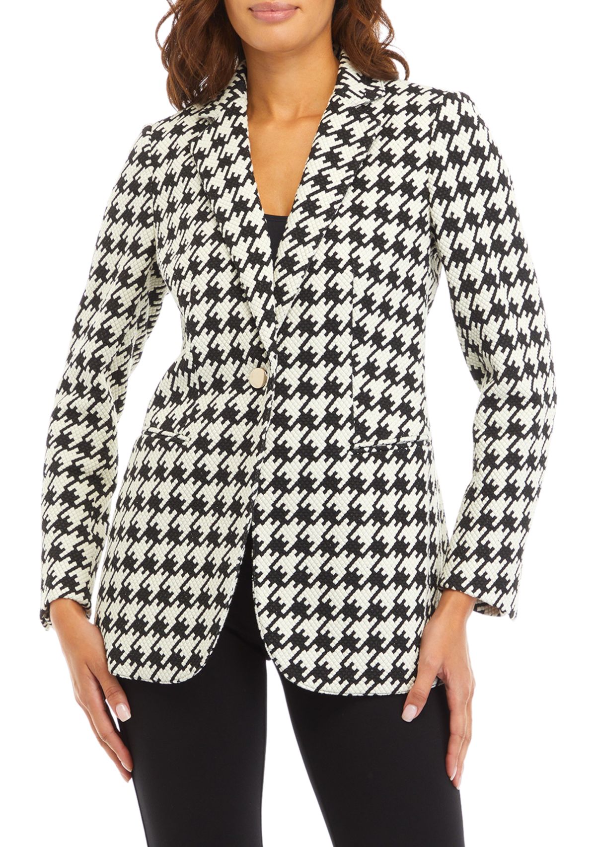 Womens Houndstooth One Button Notch Collar Jacket with Besom Pockets