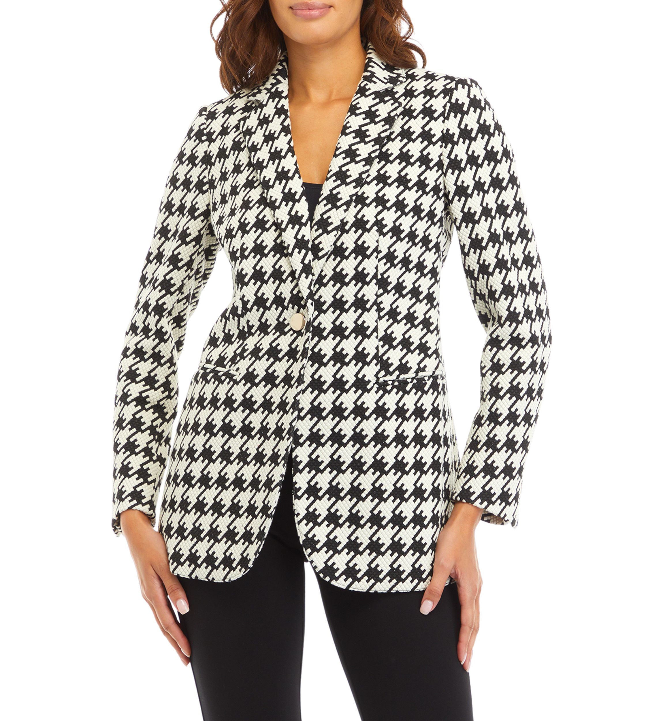 Womens Houndstooth One Button Notch Collar Jacket with Besom Pockets