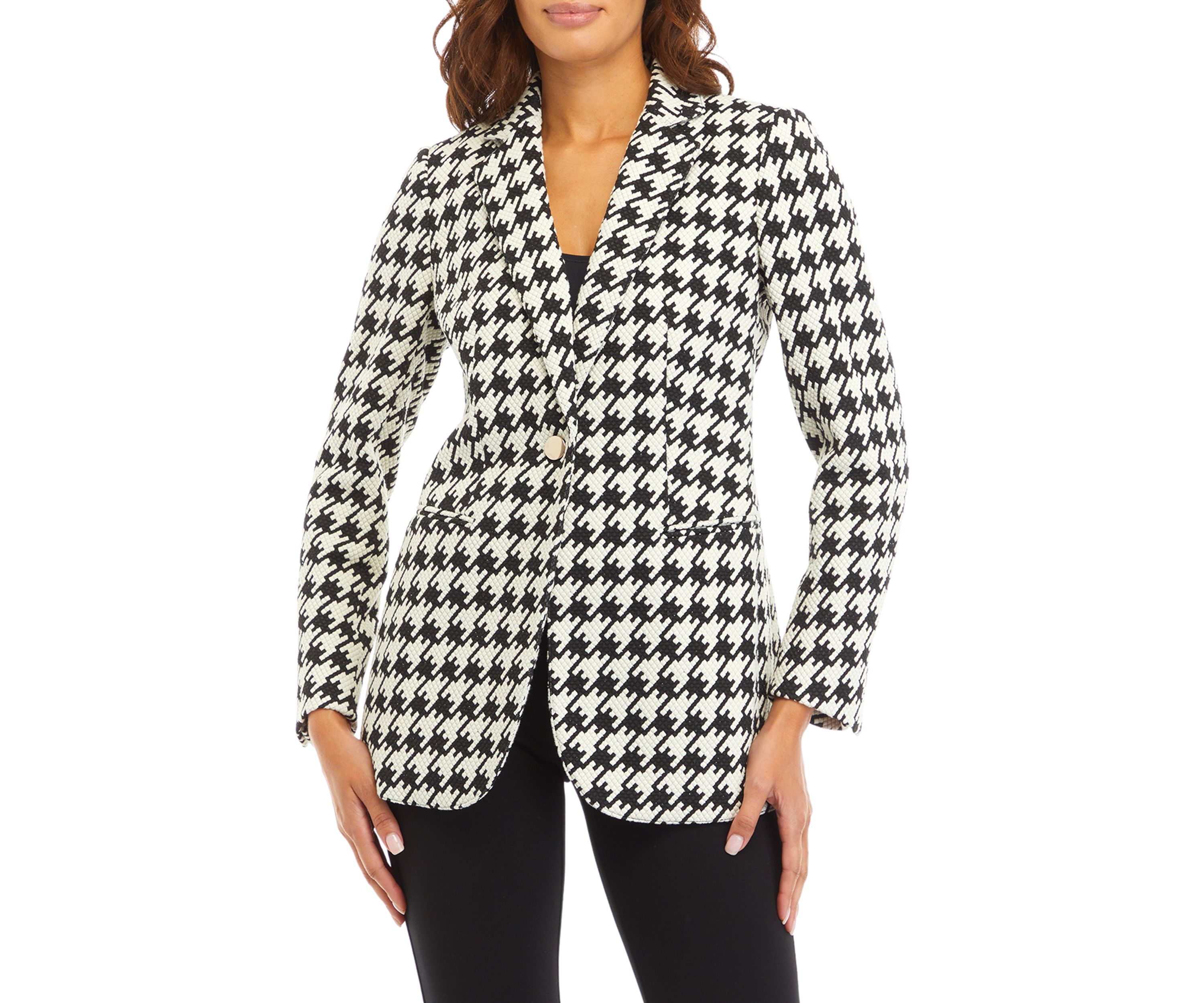 Womens Houndstooth One Button Notch Collar Jacket with Besom Pockets