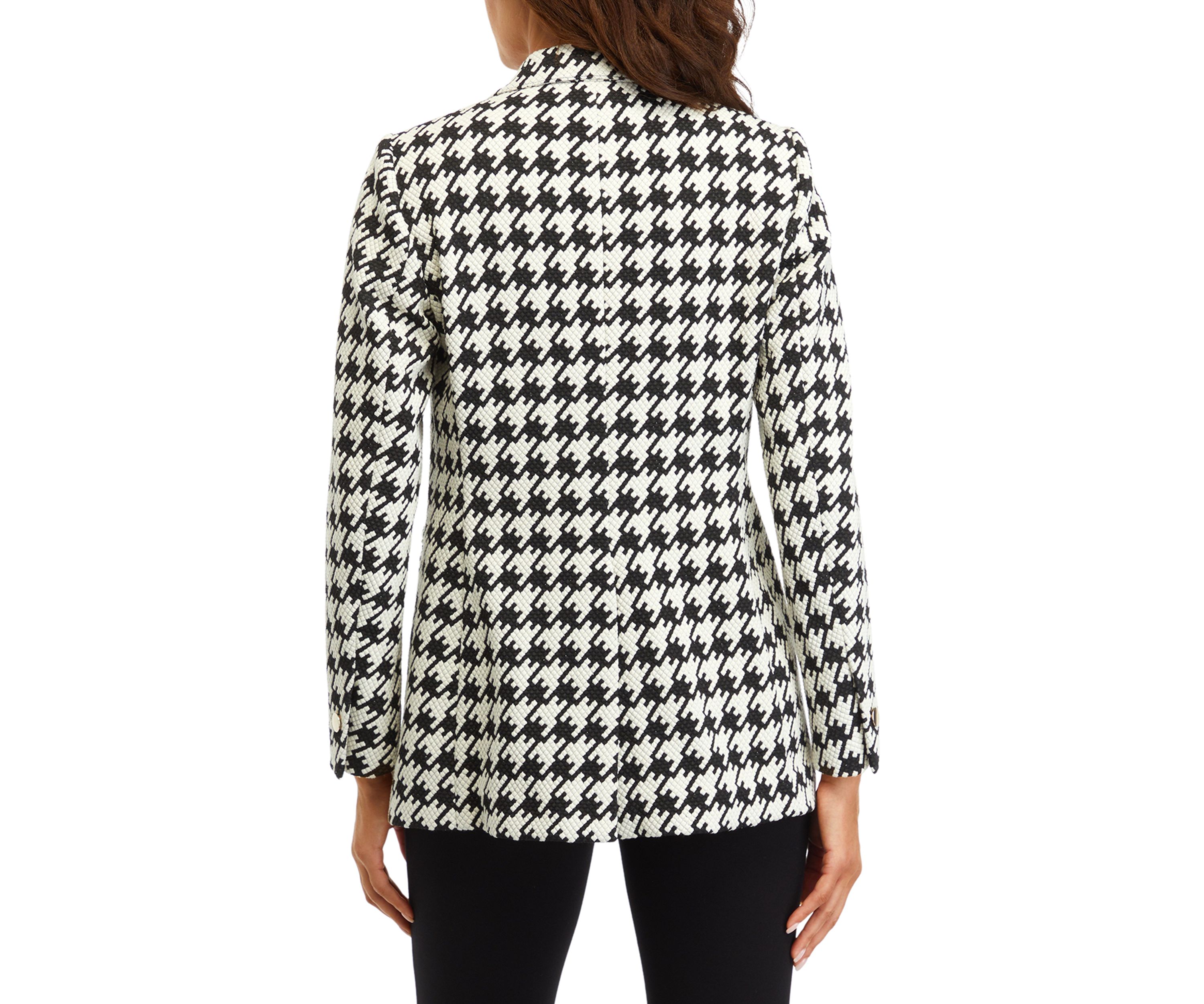 Womens Houndstooth One Button Notch Collar Jacket with Besom Pockets