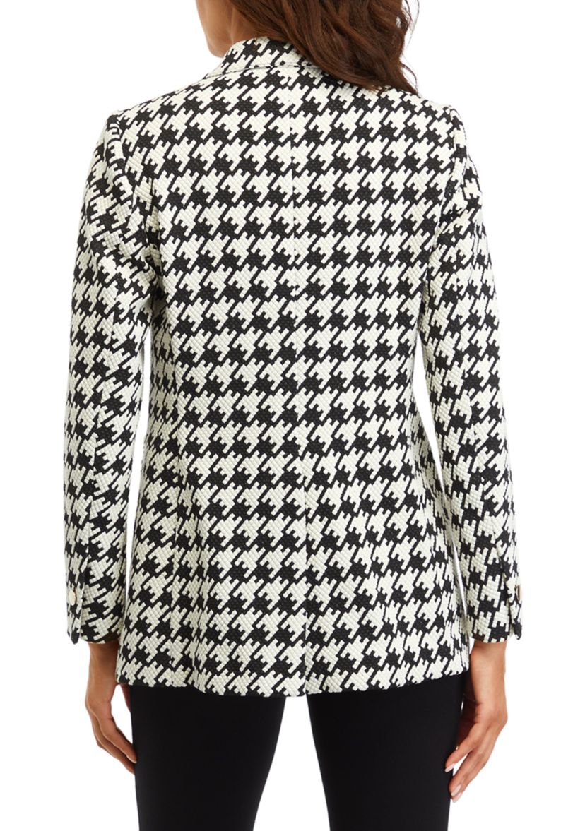 Womens Houndstooth One Button Notch Collar Jacket with Besom Pockets