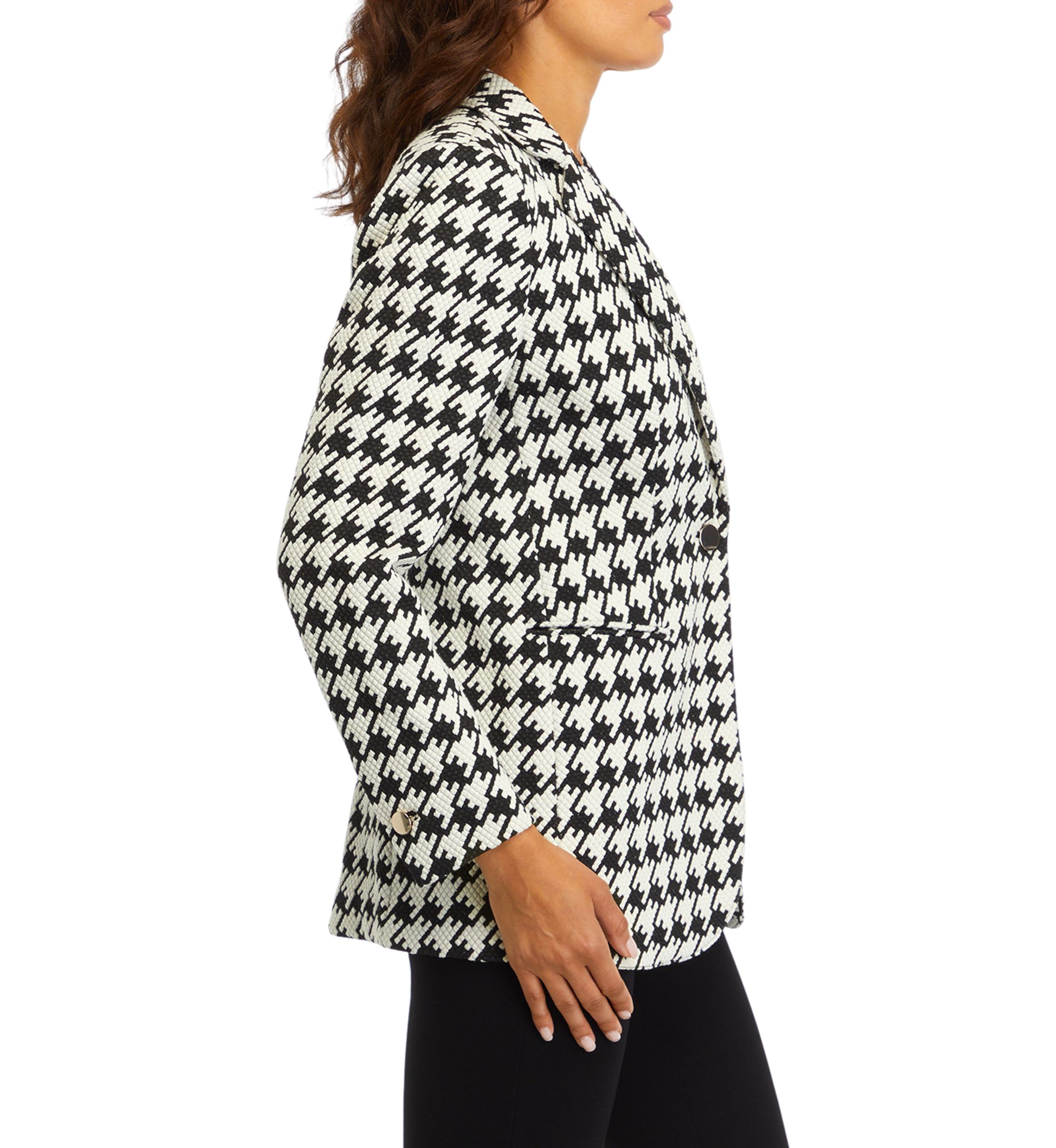 Womens Houndstooth One Button Notch Collar Jacket with Besom Pockets