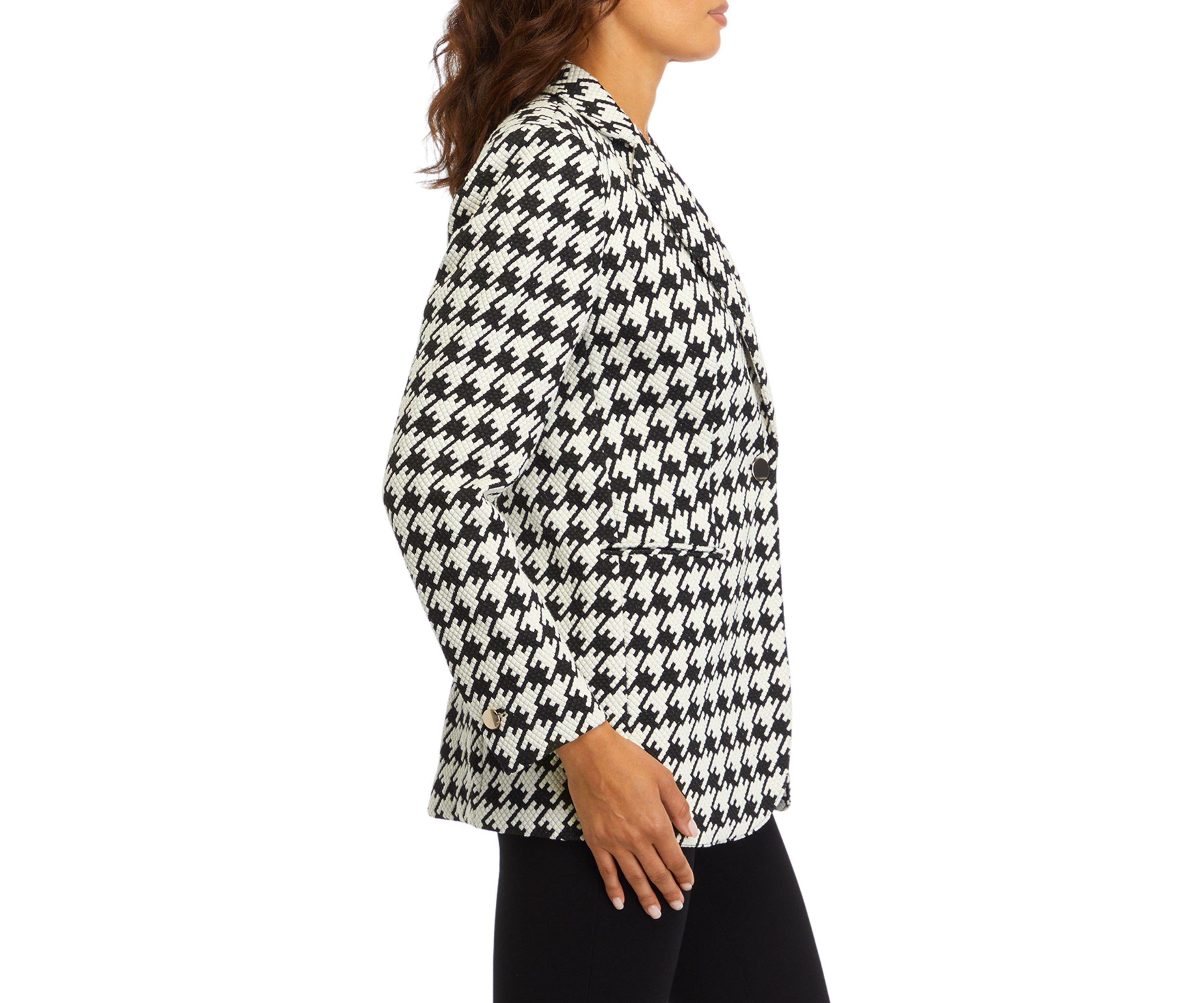 Womens Houndstooth One Button Notch Collar Jacket with Besom Pockets