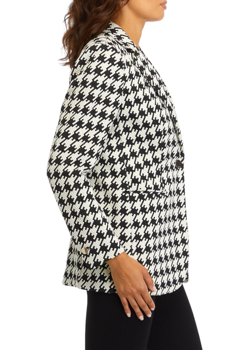 Womens Houndstooth One Button Notch Collar Jacket with Besom Pockets