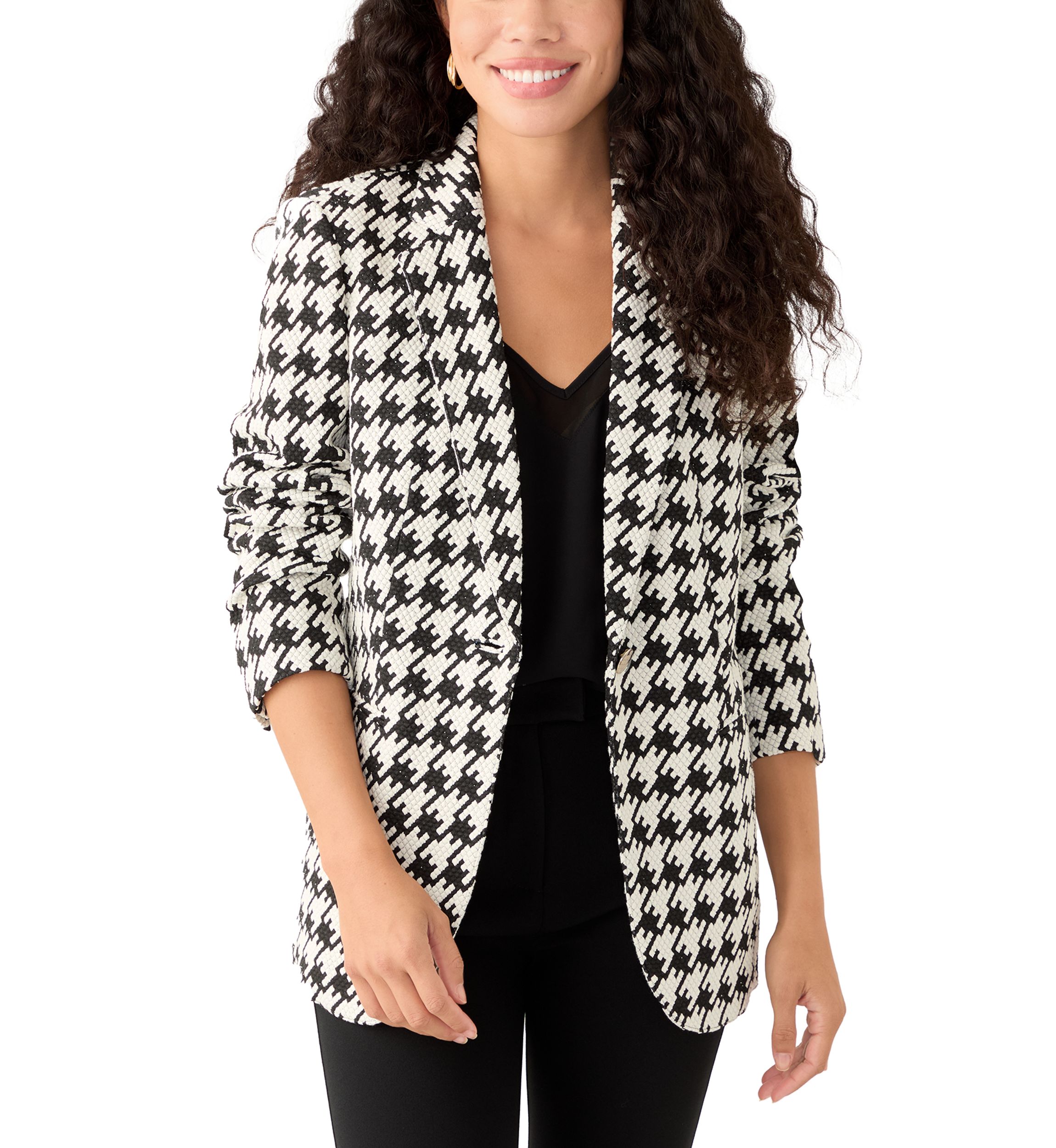 Petite Houndstooth One Button Notch Collar Jacket with Besom Pockets