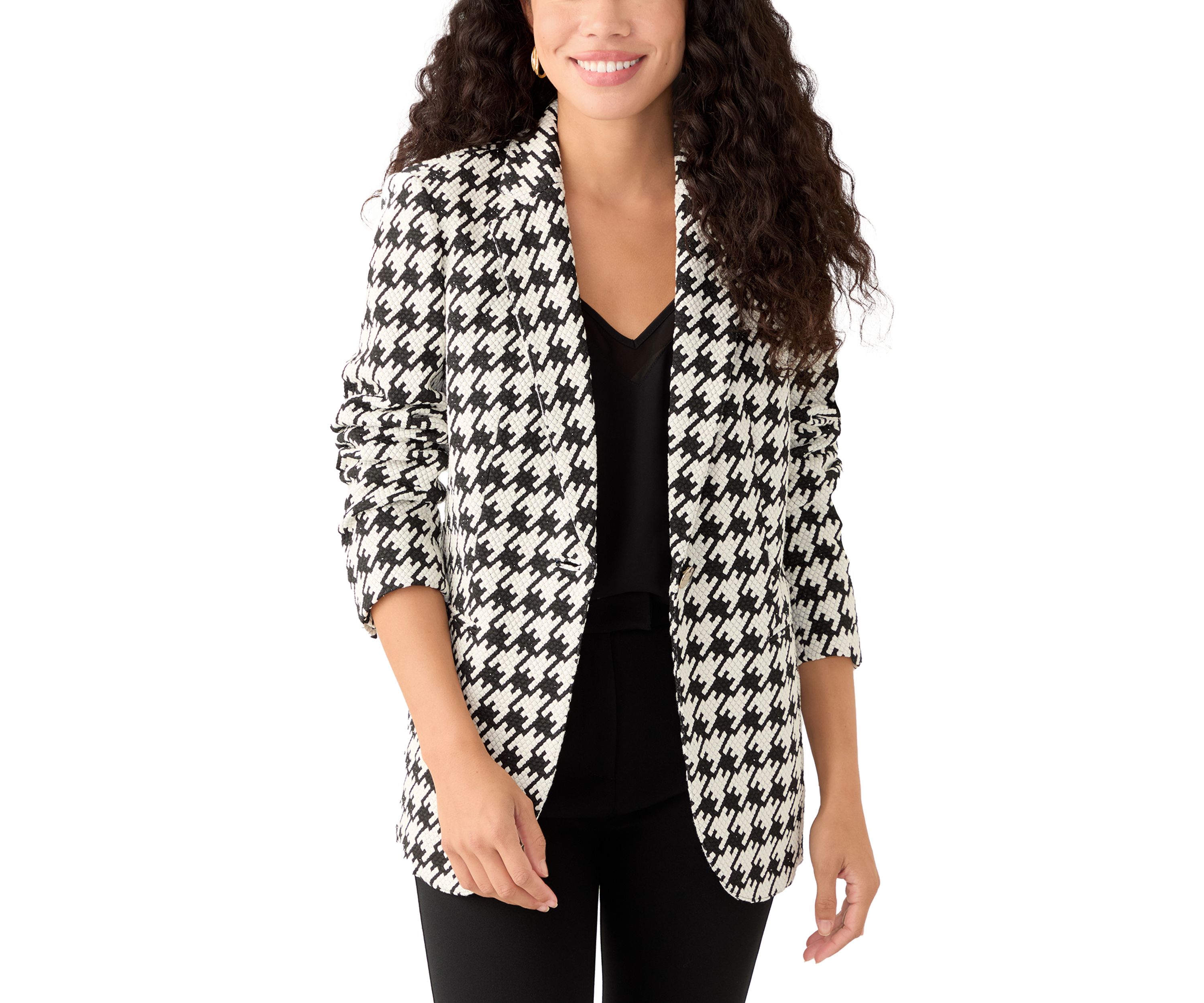 Petite Houndstooth One Button Notch Collar Jacket with Besom Pockets