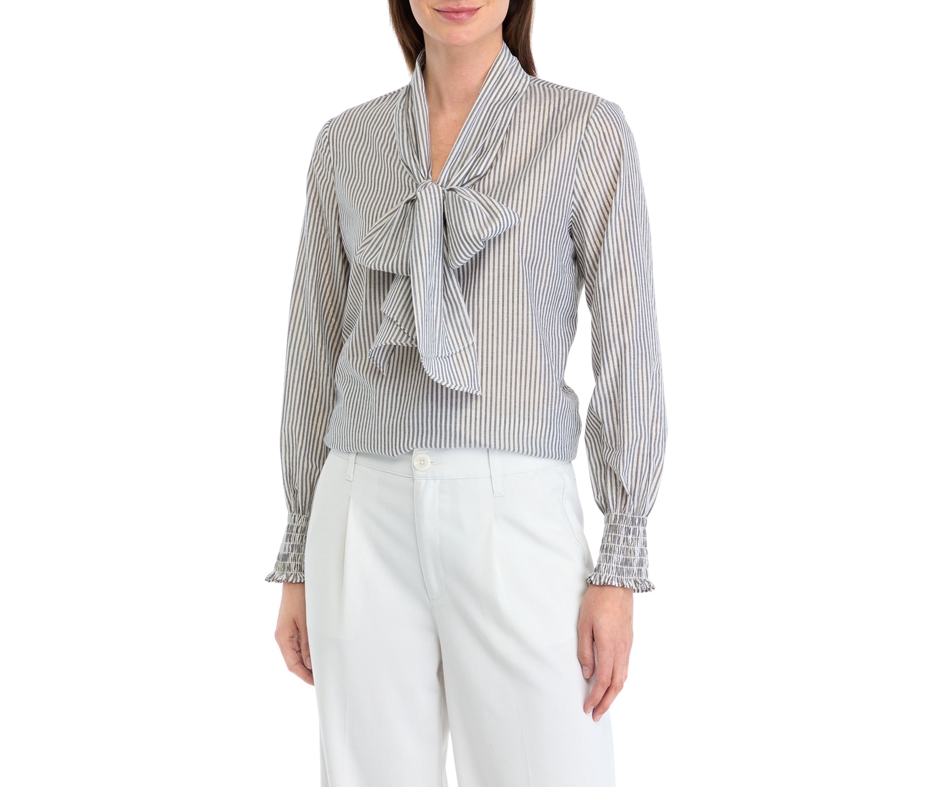 Womens Long Sleeve Smocked Cuff Bow Blouse