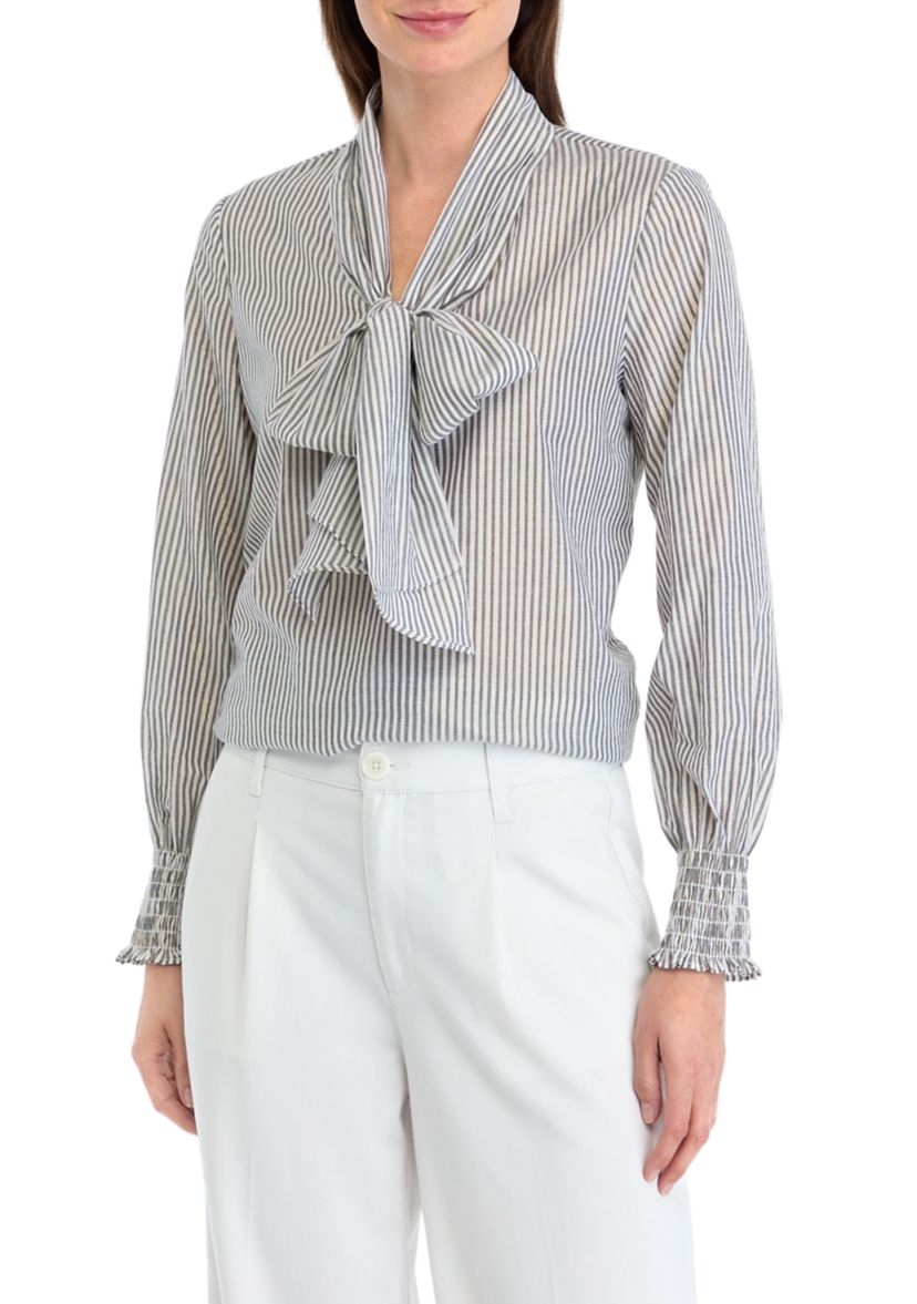 Womens Long Sleeve Smocked Cuff Bow Blouse