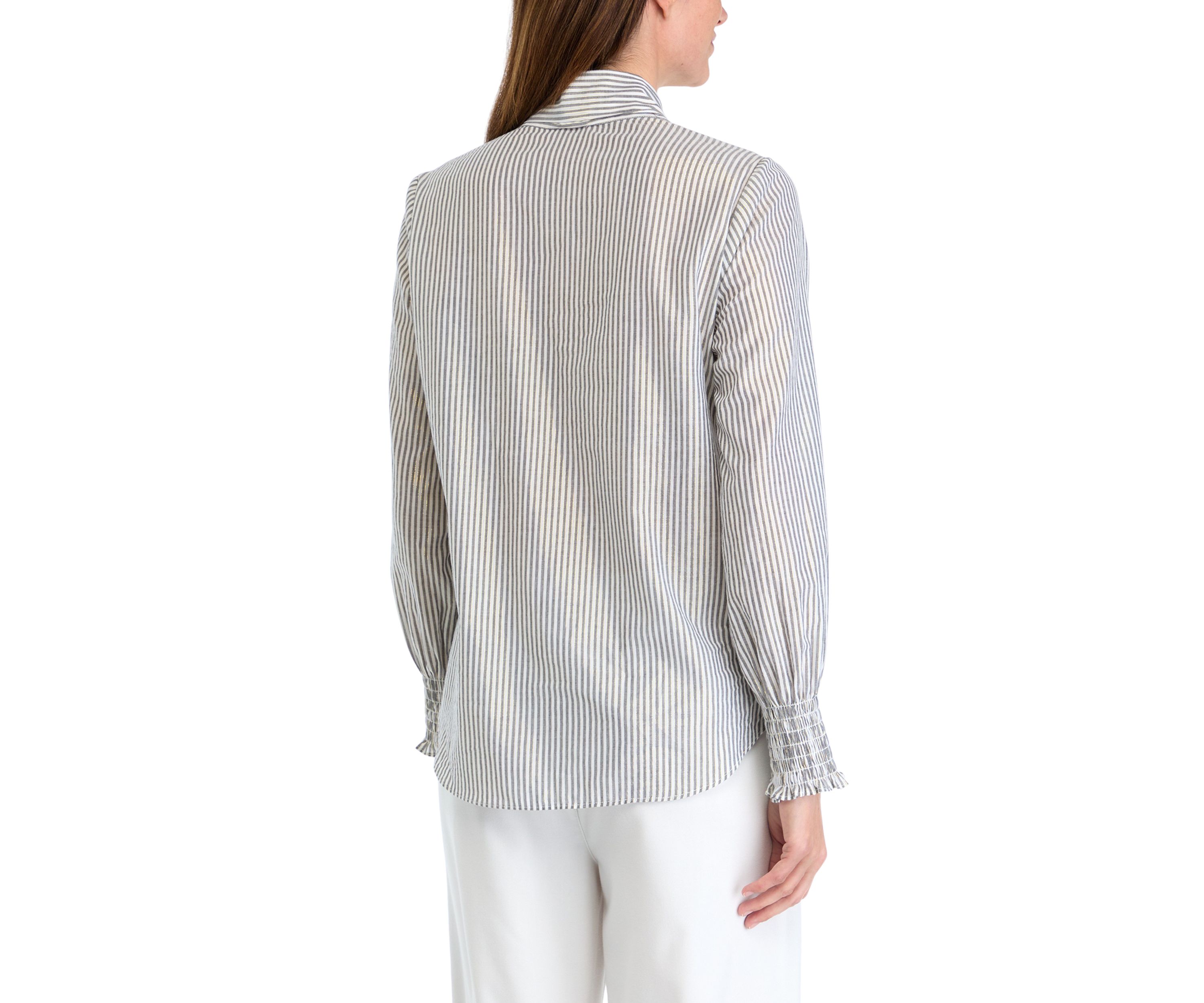 Womens Long Sleeve Smocked Cuff Bow Blouse