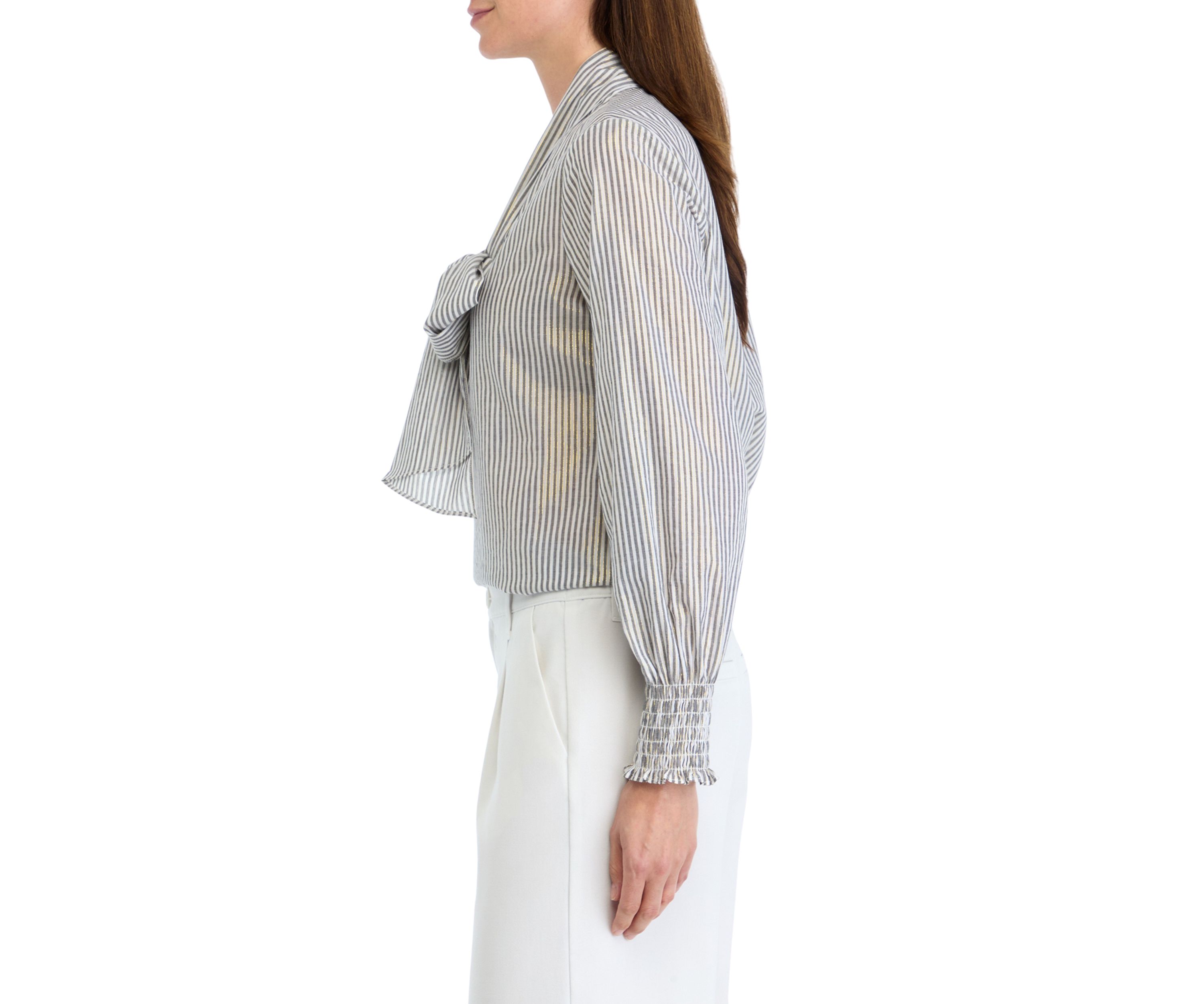 Womens Long Sleeve Smocked Cuff Bow Blouse